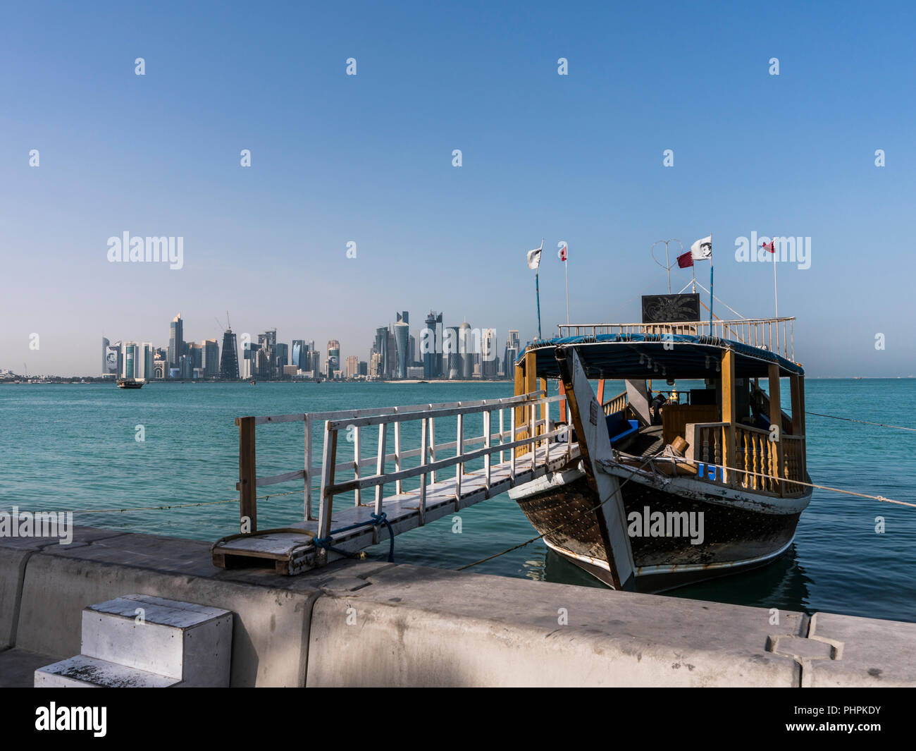 DOHA, QATAR Feb 2018 Ladder from Corniche Broadway on Traditional Wooden Boat invite to Gulf
