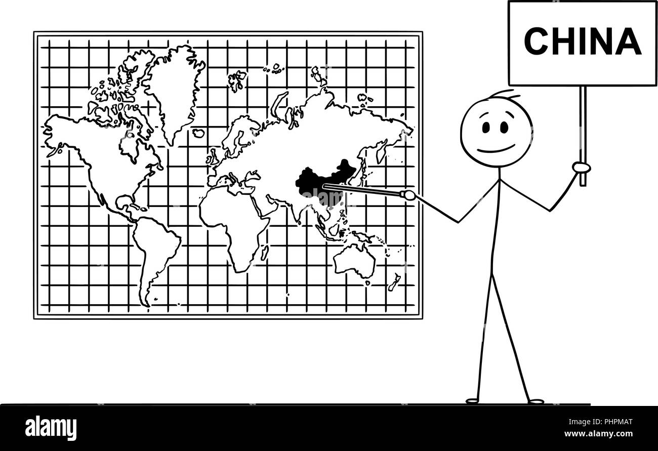 Cartoon of Man Pointing at People's Republic of China or PRC on Wall World Map Stock Vector