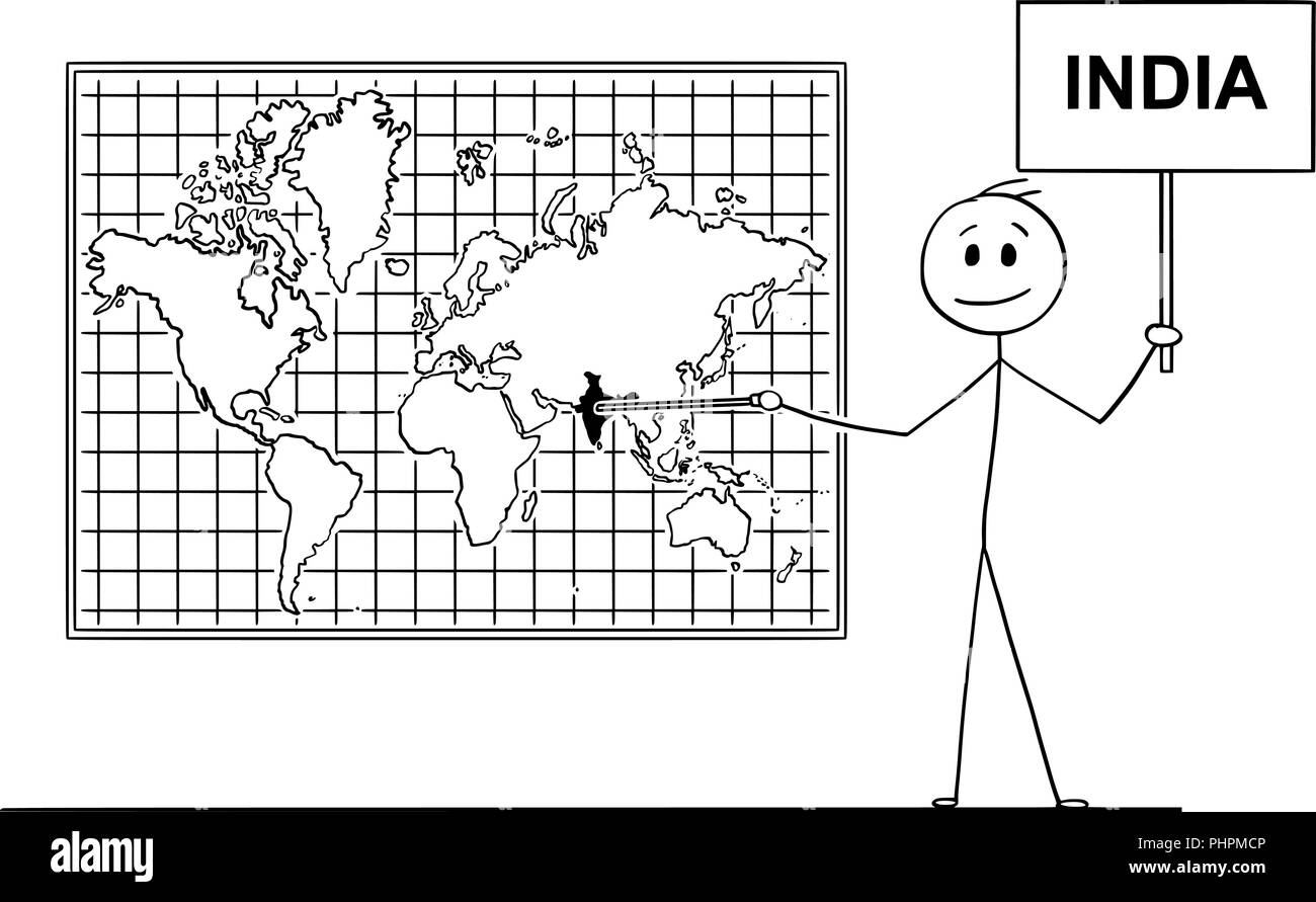 Cartoon of Man Pointing at Republic of India on Wall World Map Stock Vector