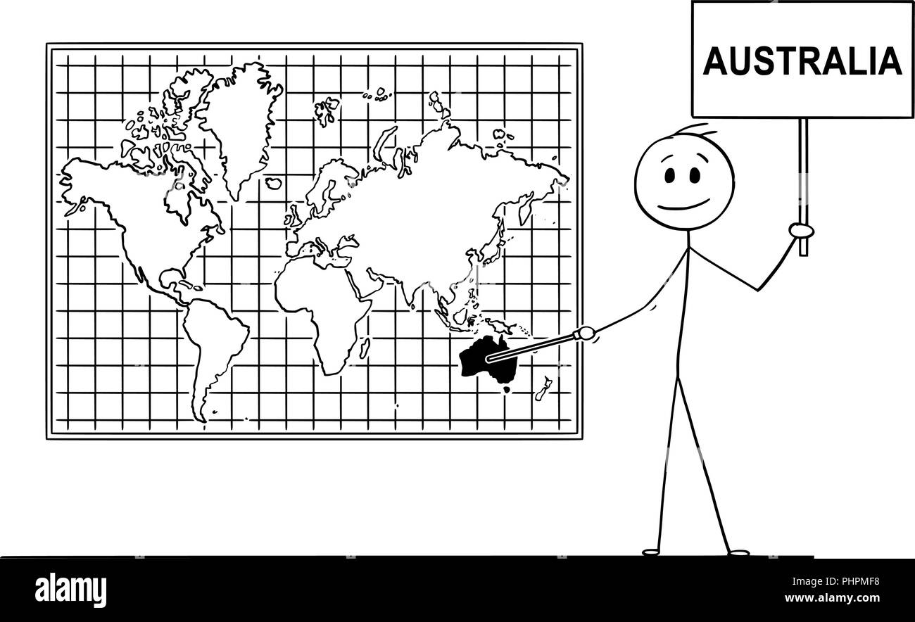 Cartoon of Man Pointing at Commonwealth of Australia Wall World Map Stock Vector
