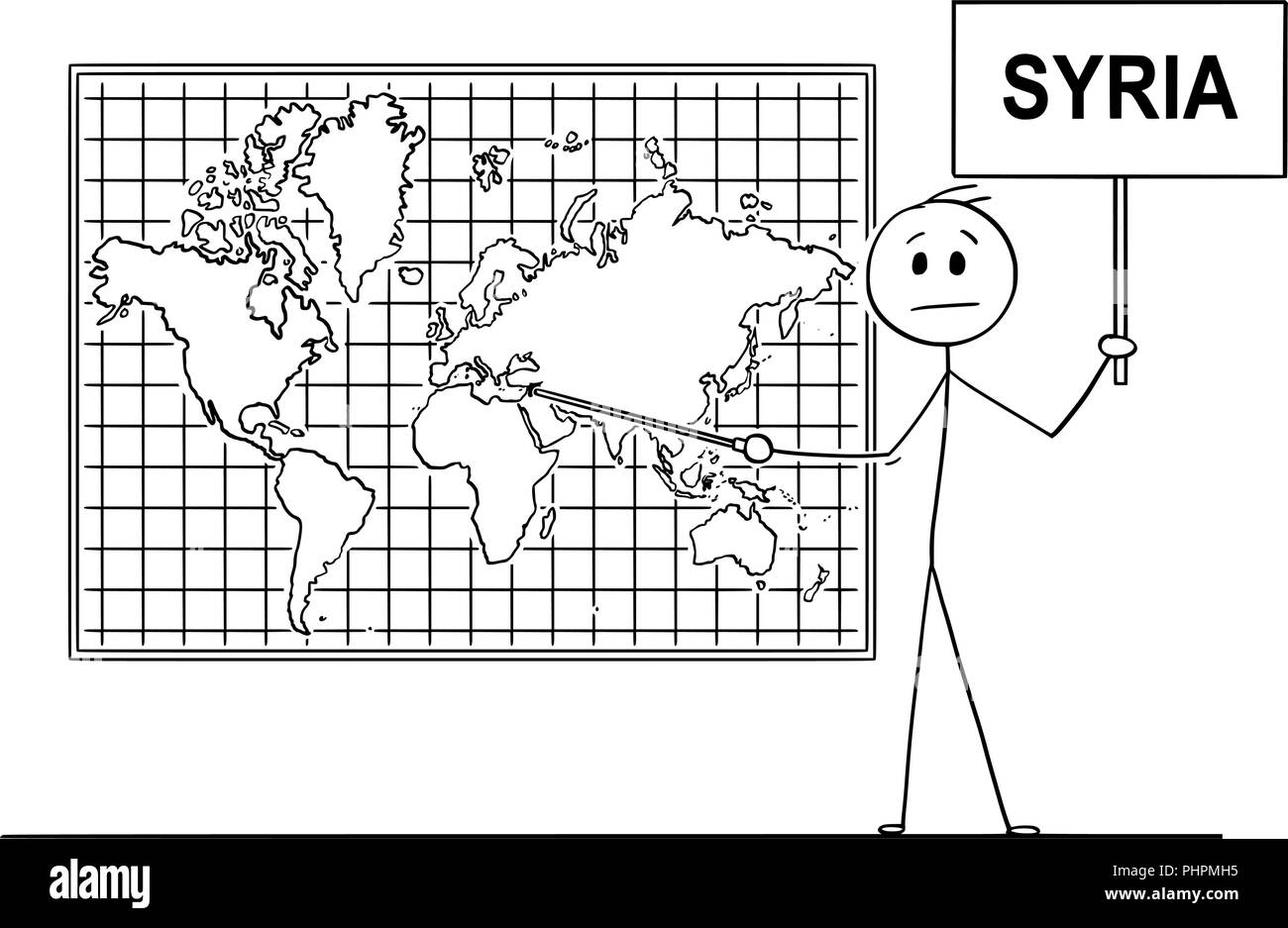 Cartoon of Man Pointing at Syrian Arab Republic or Syria on Wall World Map Stock Vector