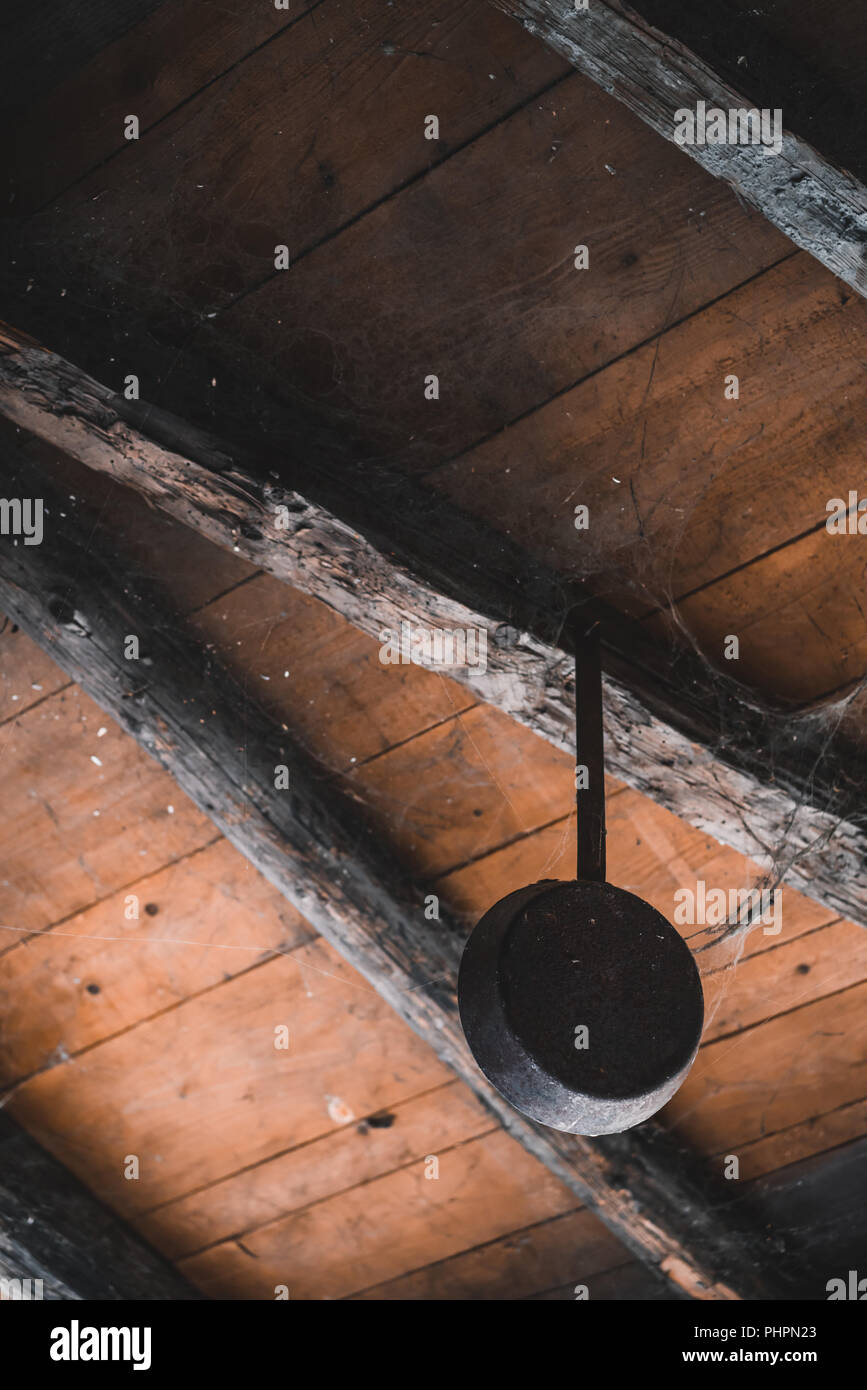 Old frying pan hanging in a shed Stock Photo - Alamy