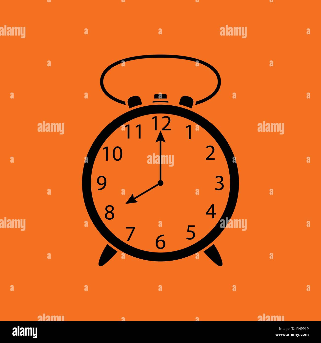Alarm clock icon. Orange background with black. Vector illustration