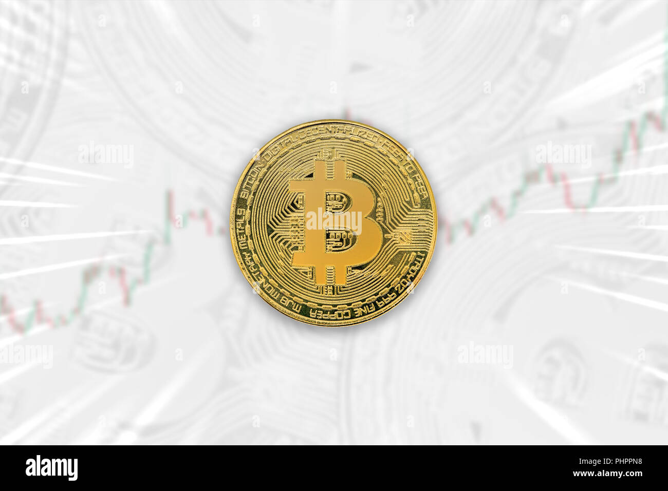 Physical coin of bitcoin crypto currency. Trade chart background Stock ...