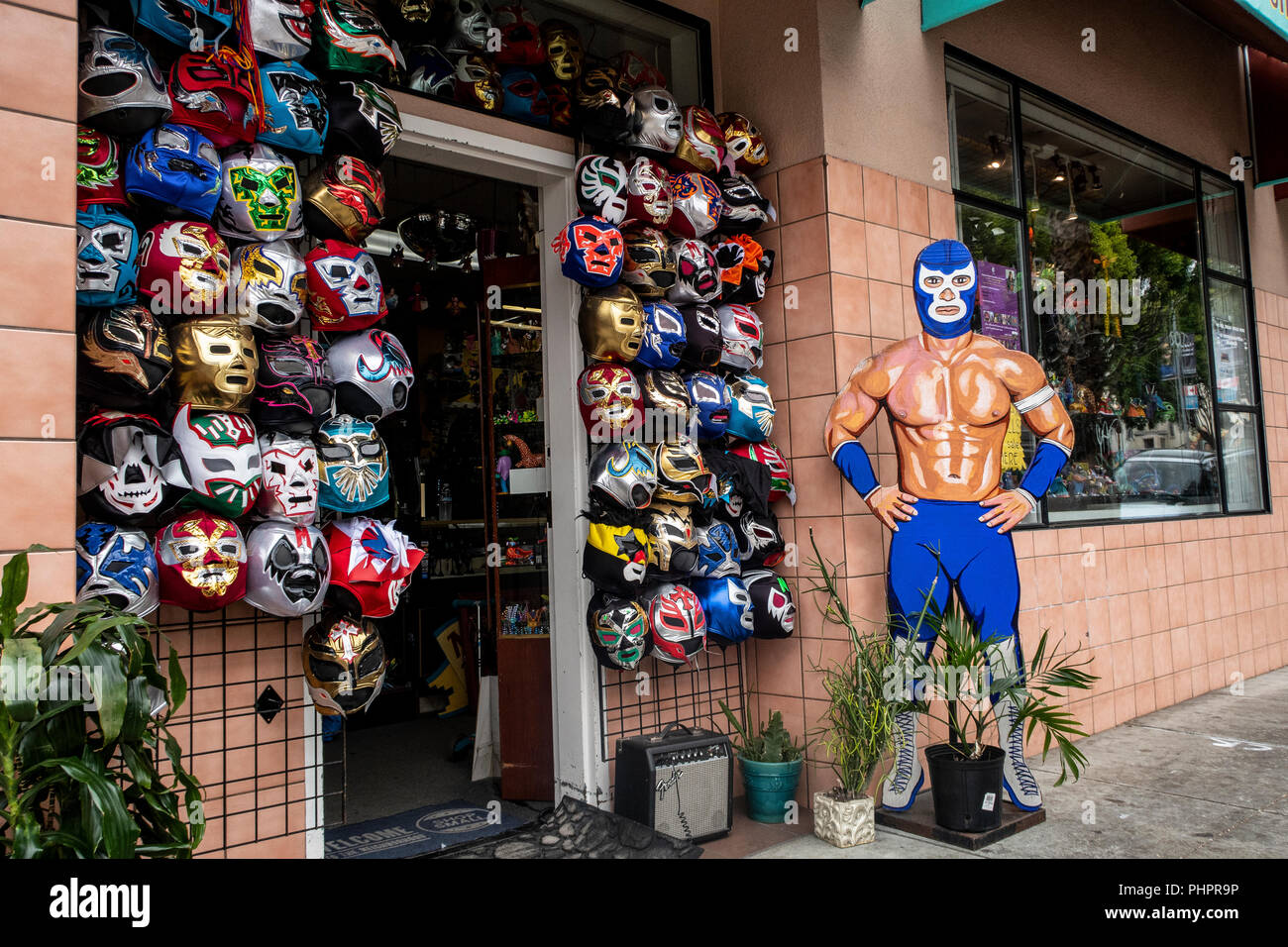 A shop selling Mexican wrestling masks in the Mission District of San Francisco, California. Stock Photo