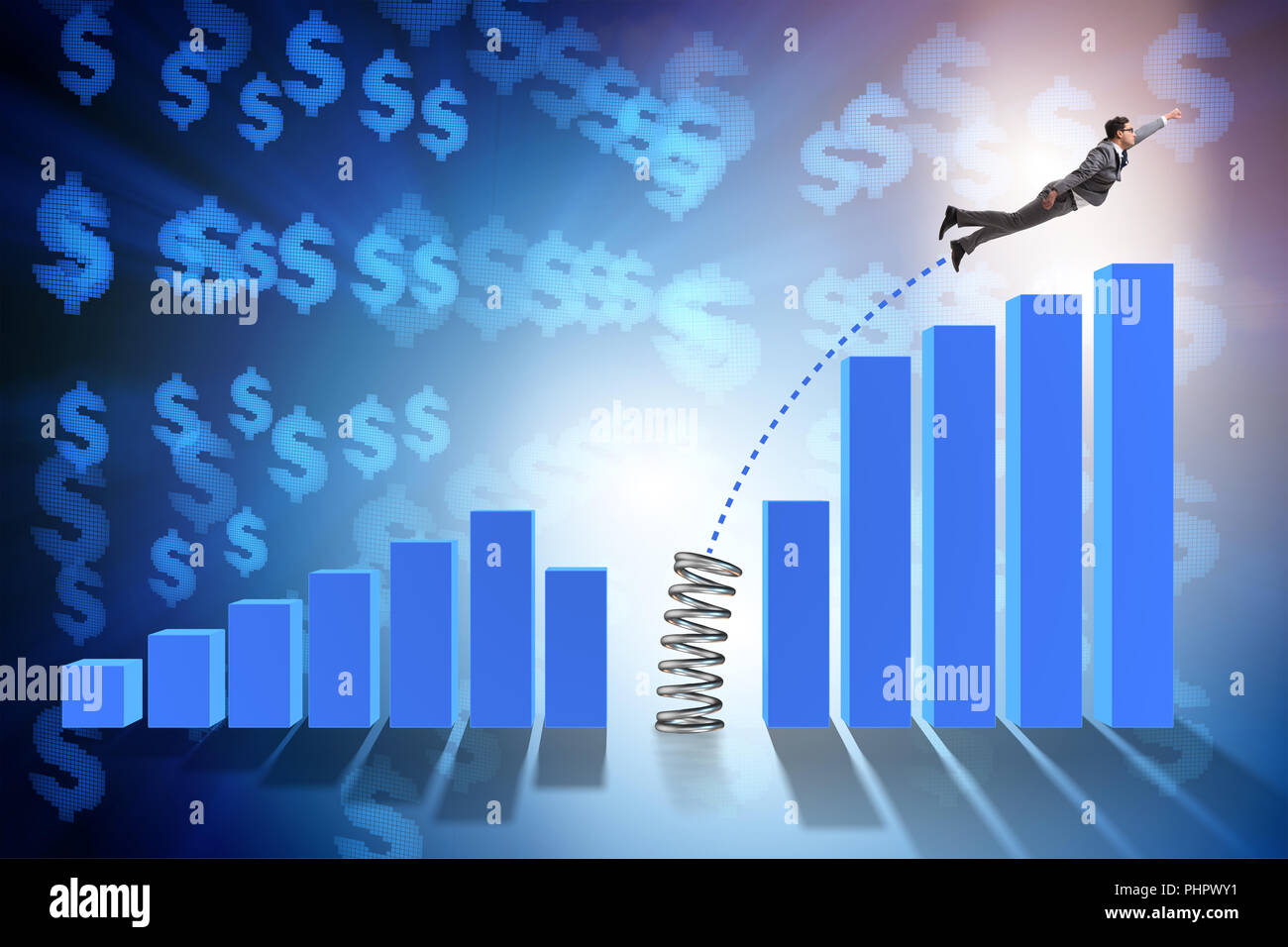 Business people jumping over bar charts Stock Photo - Alamy