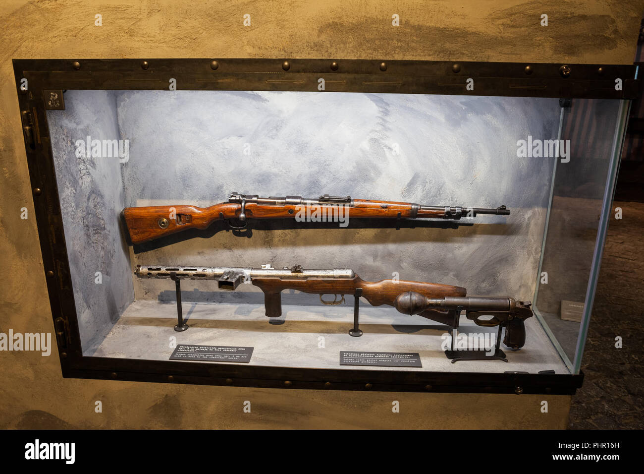 German submachine guns ERMA 9mm and flare pistol adopted to shoot grenades in Warsaw Rising Museum in Warsaw, Poland Stock Photo