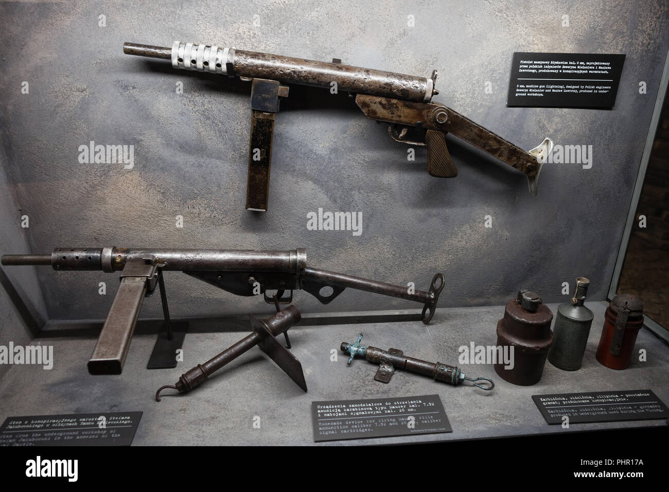 Insurgent weapons - Błyskawica (Lightning) 9mm machine gun and STEN submachine gun in Warsaw Uprising Museum (Warsaw Rising Museum) in Warsaw, Poland Stock Photo