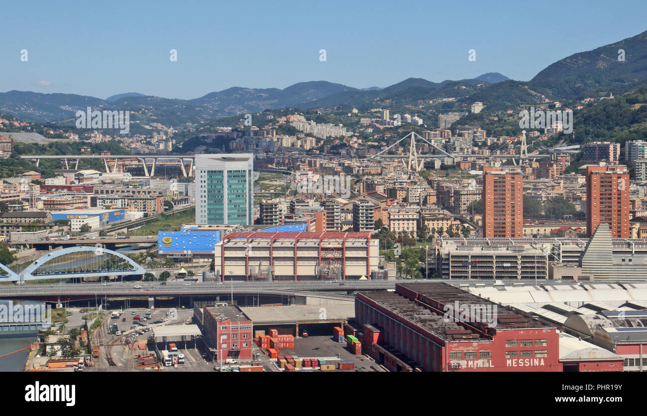 GENOA,ITALY - AUGUST 27, 2018: Aerial view of the Morandi bridge which collapsed over the houses of via Fillak and via Porro on August 14, 2018. The r Stock Photo