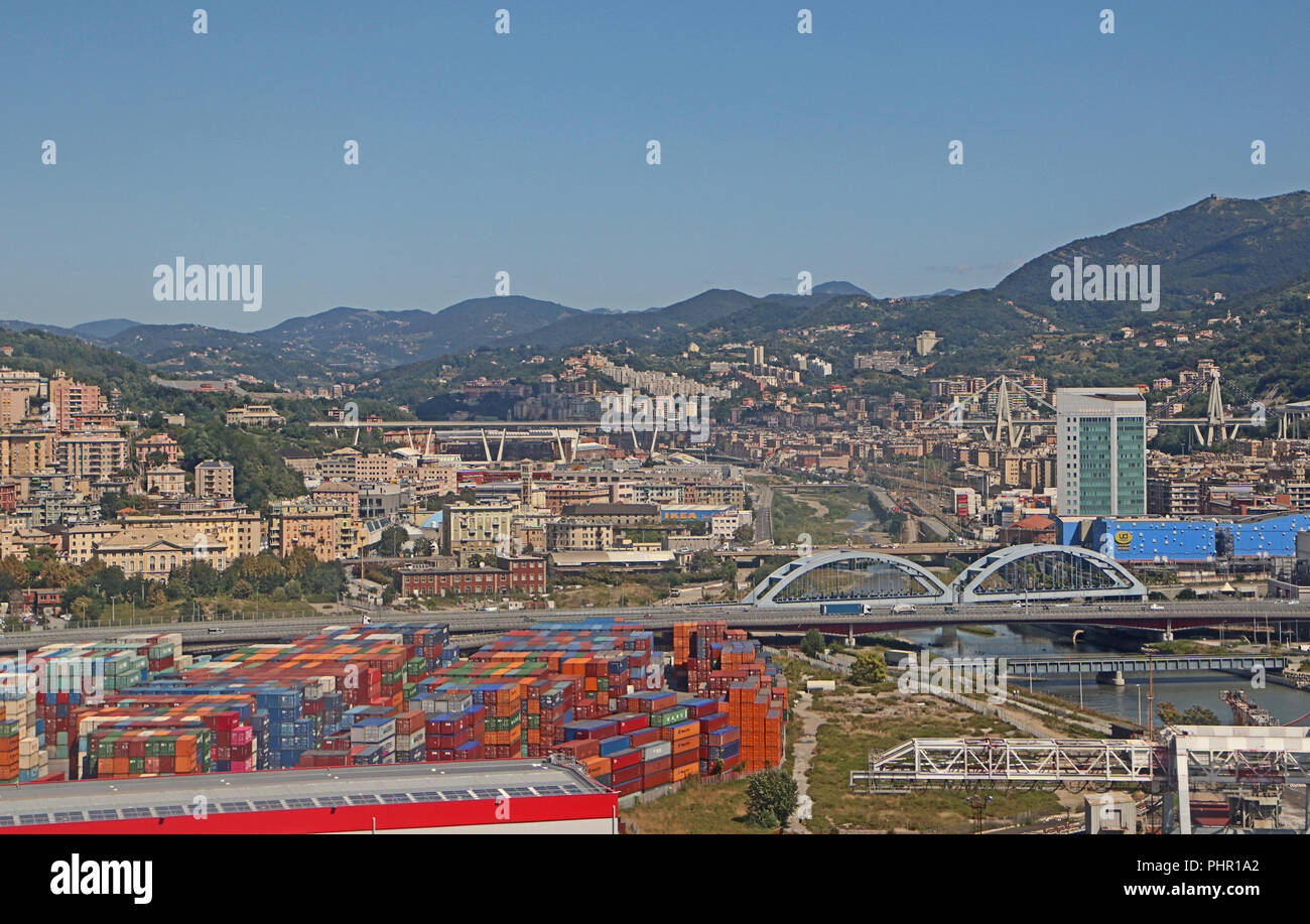 GENOA,ITALY - AUGUST 27, 2018: Aerial view of the Morandi bridge which collapsed over the houses of via Fillak and via Porro on August 14, 2018 The re Stock Photo