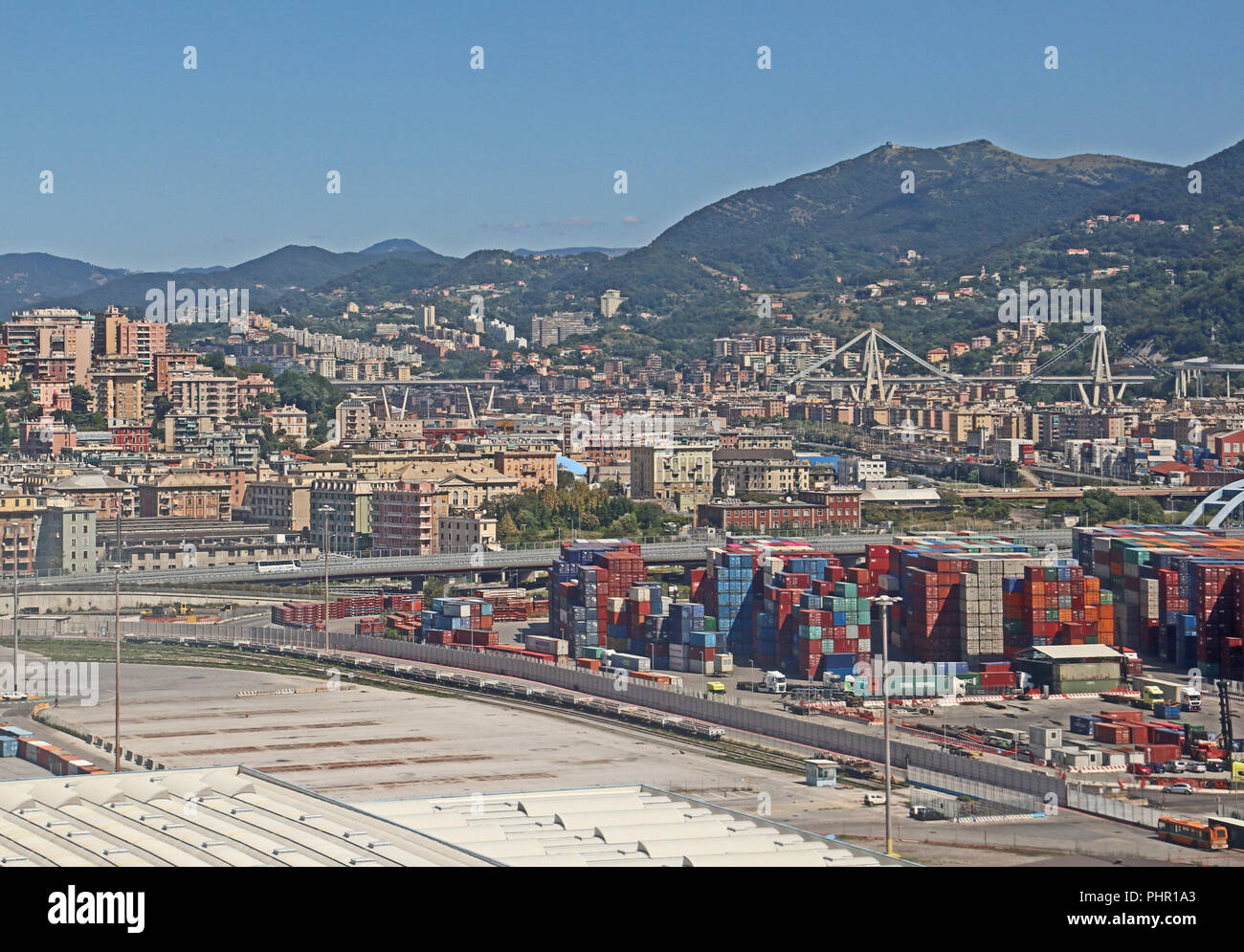 GENOA,ITALY - AUGUST 27, 2018: Aerial view of the Morandi bridge which collapsed over the houses of via Fillak and via Porro on August 14, 2018 The re Stock Photo