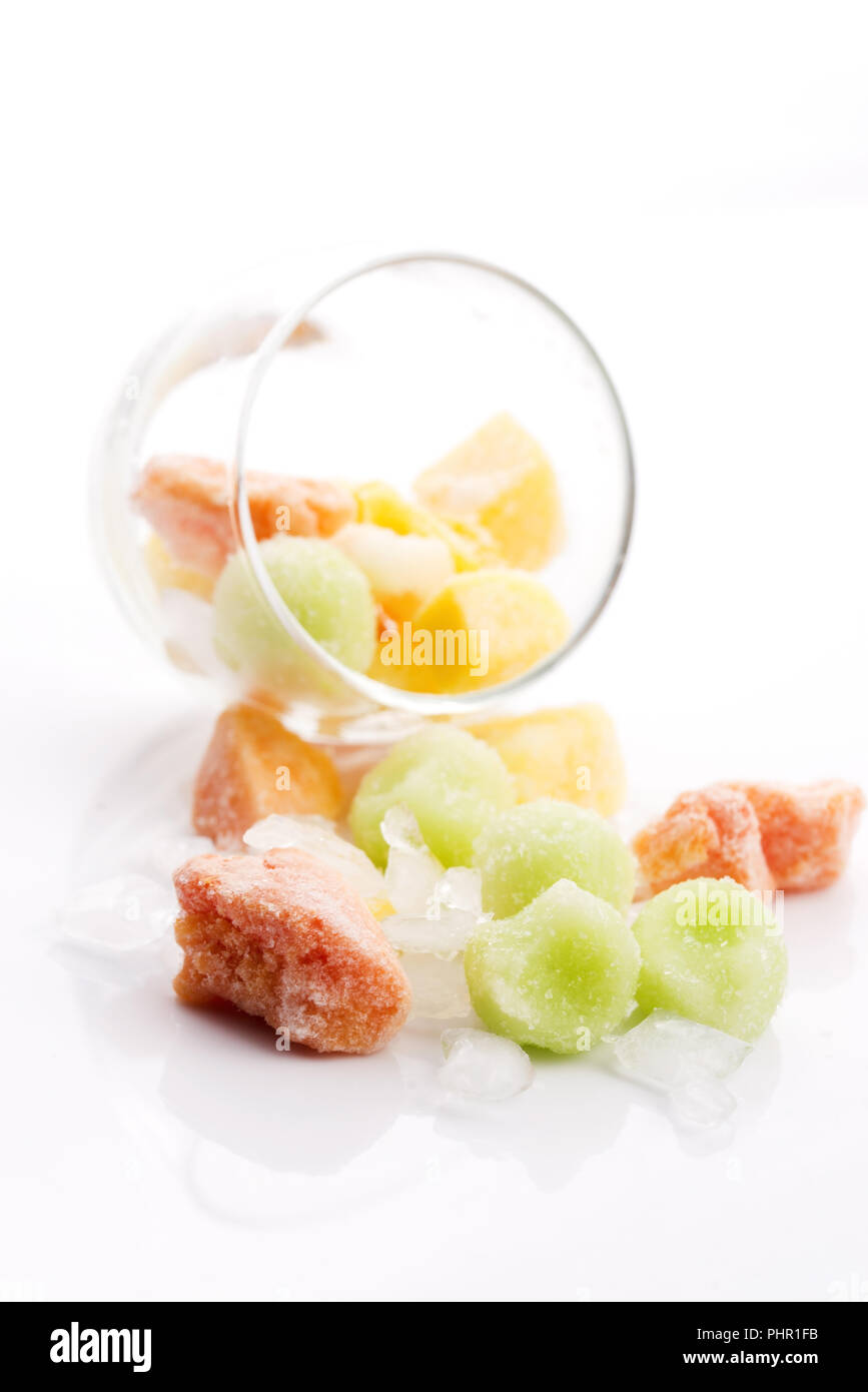frozen exotic fruits on white background Stock Photo Alamy