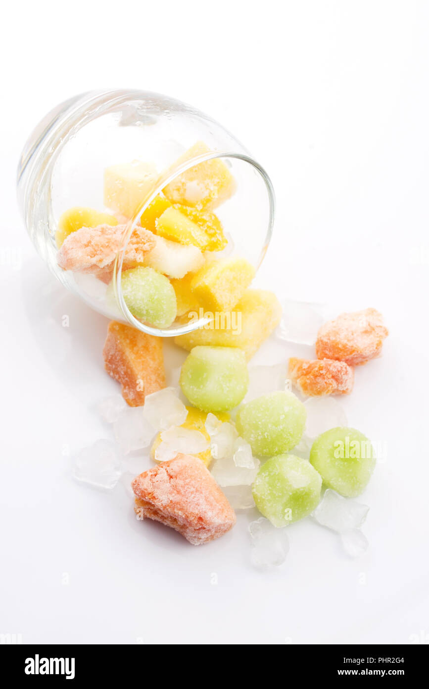 frozen exotic fruits on white background Stock Photo Alamy