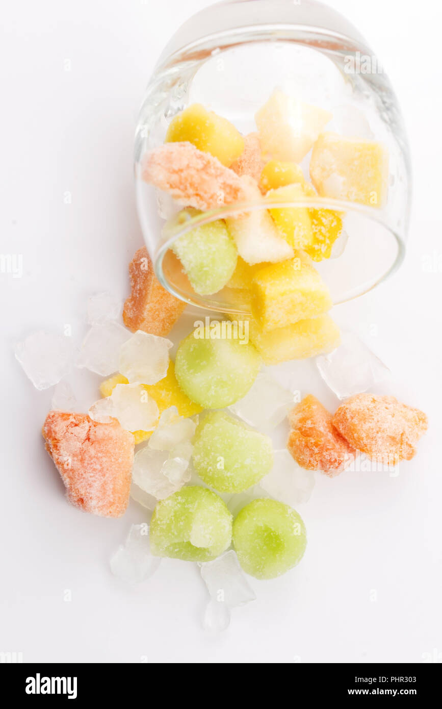 frozen exotic fruits on white background Stock Photo Alamy