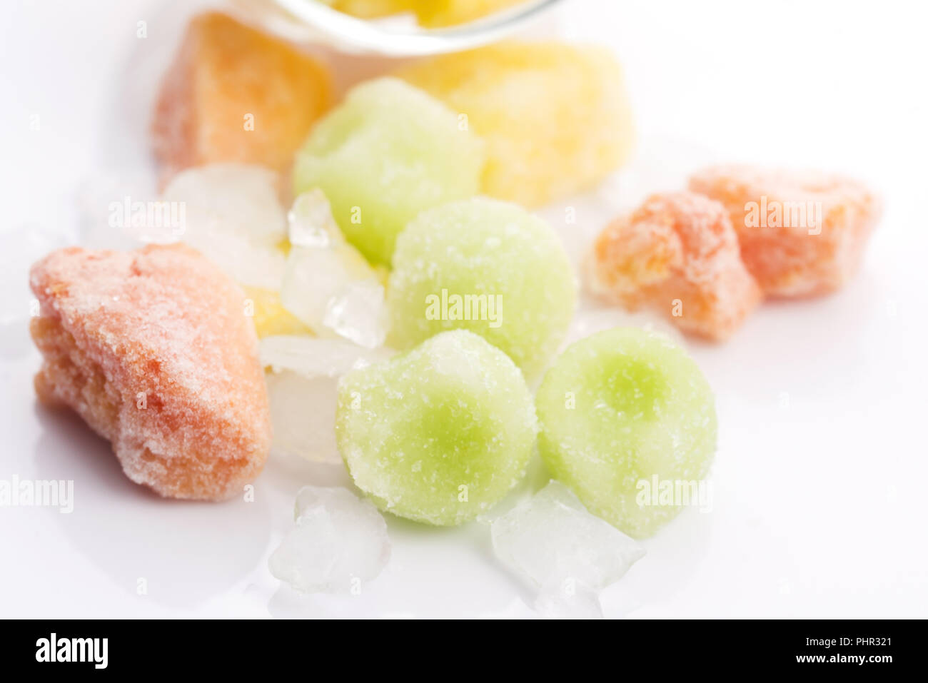frozen exotic fruits on white background Stock Photo Alamy