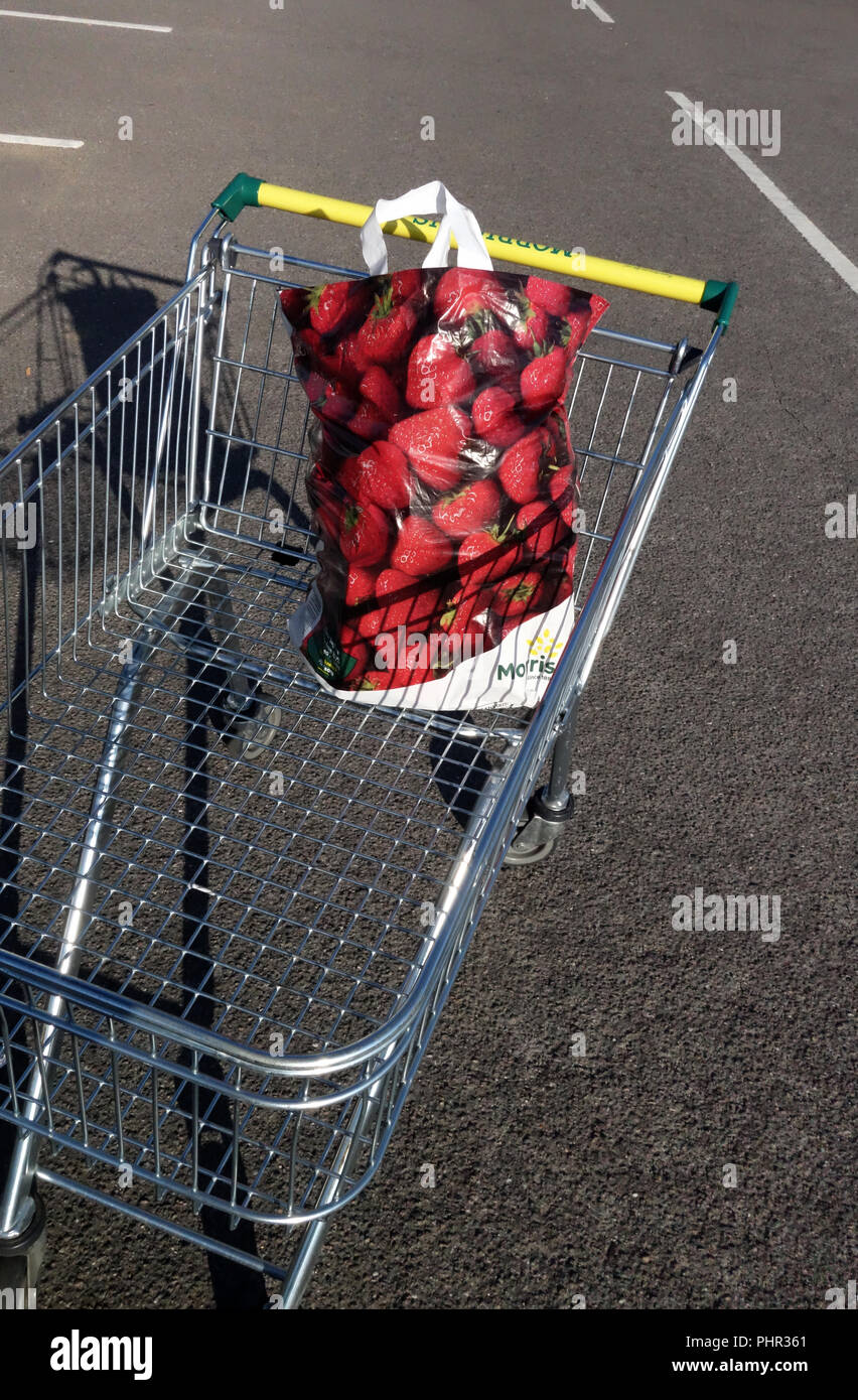 birds eye view into a full shopping bag in a trolley of paid for items from shopping at Morrisons, Halfway, Sheffield, England Stock Photo