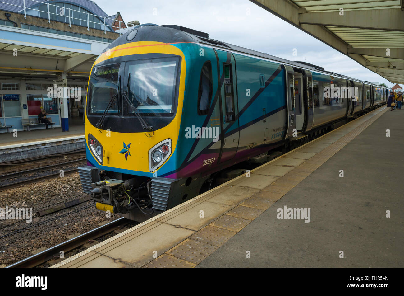Trans Pennine Express train in Middlesbrough Station about to depart on a service to Manchester Airport Stock Photo