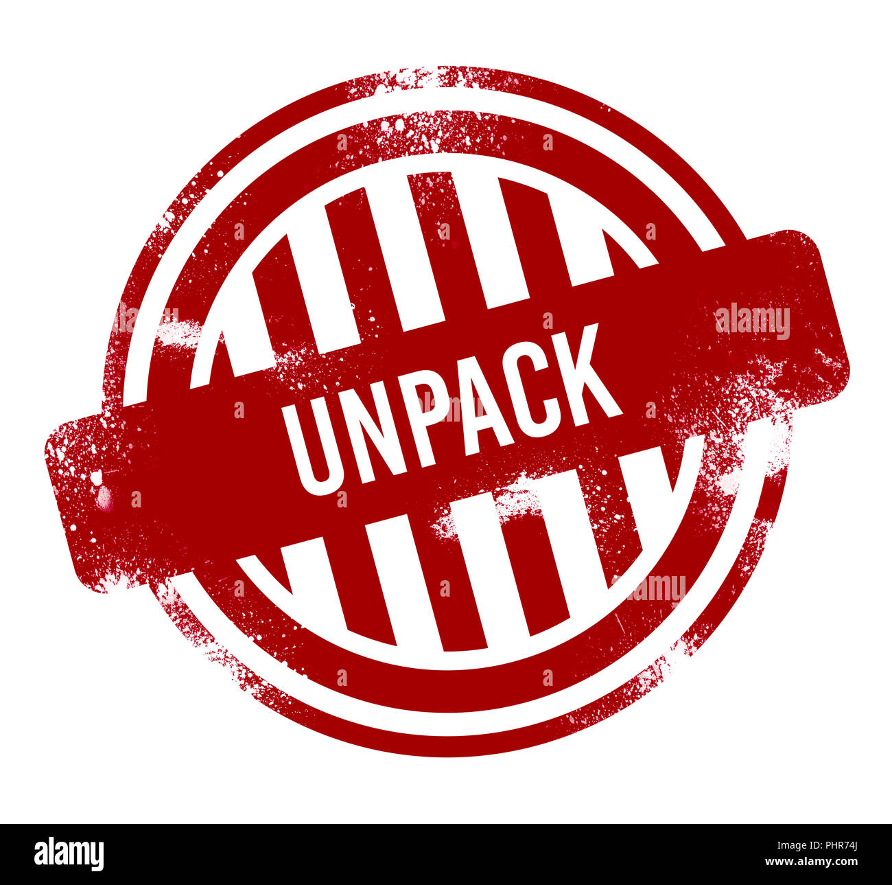 Unpack - red grunge button, stamp Stock Photo