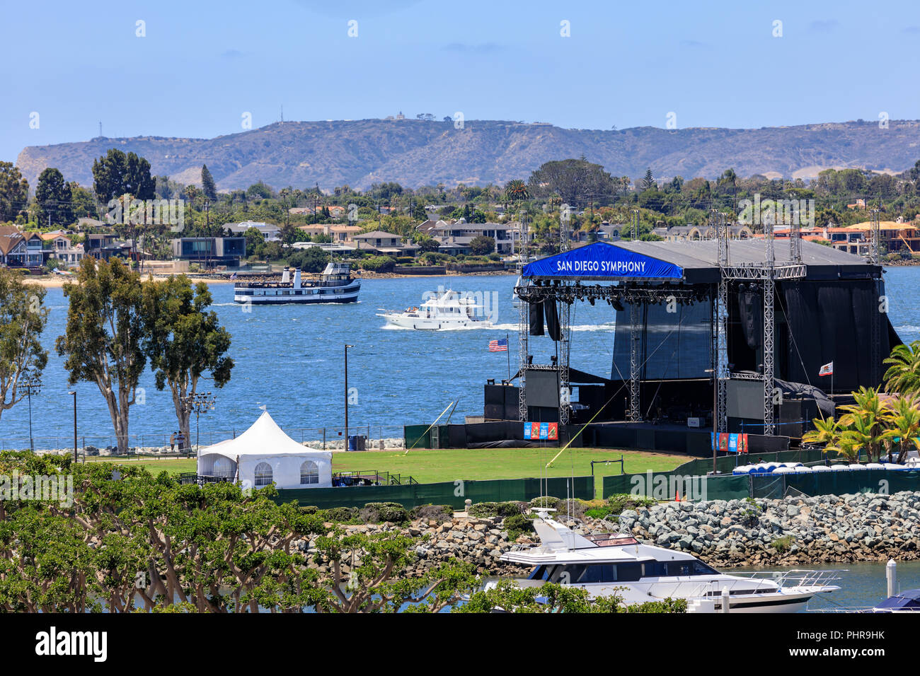 View of the harbour and podium from the Convention Center in San Diego during Comic Con 2018 Stock Photo