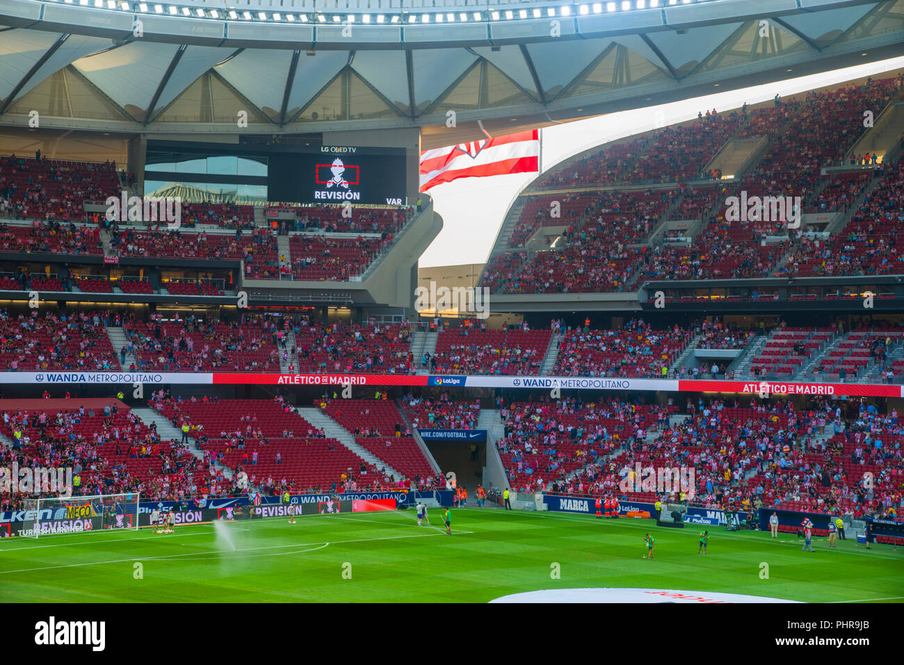 VAR explanation before football match. Wanda Metropolitano Stadium, Madrid, Spain. Stock Photo