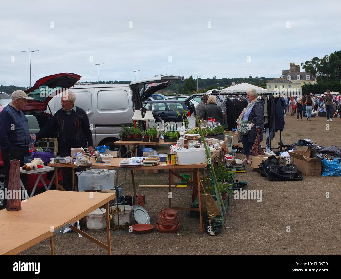 Car boot sale at Millbrook Jersey Channel Islands stall selling bric a brac and home grown plants Stock Photo