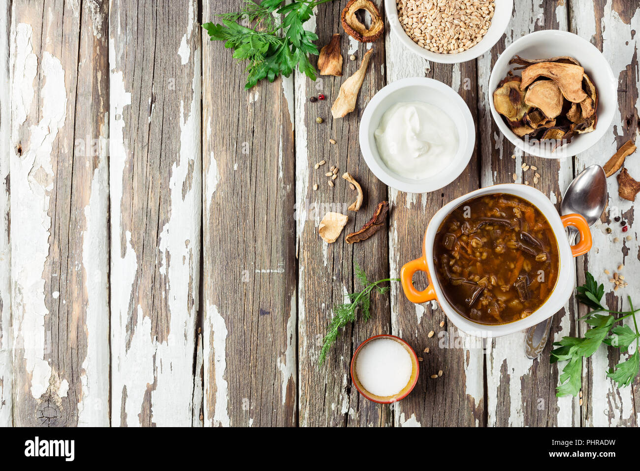 Dried Wild Mushroom Soup Stock Photo Alamy