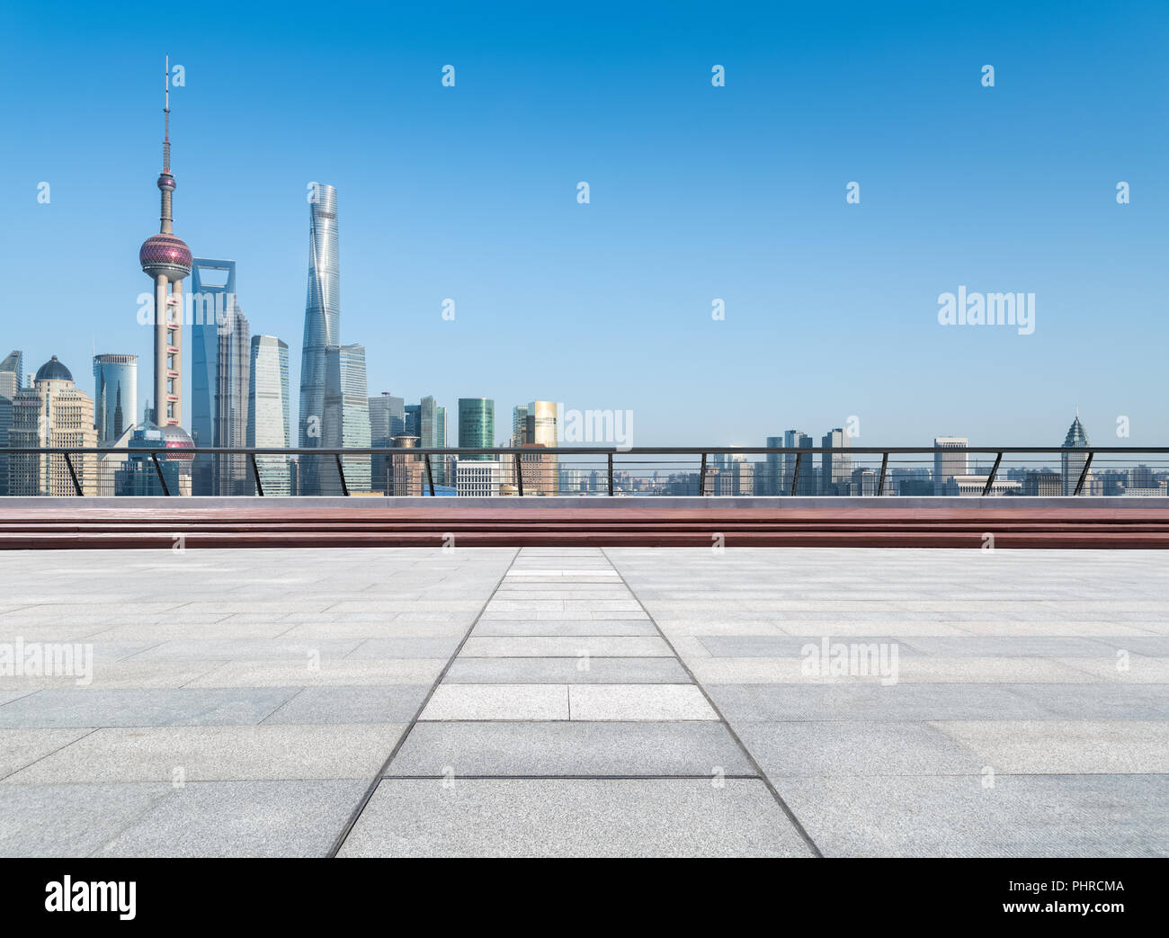 empty floor with shanghai skyline Stock Photo