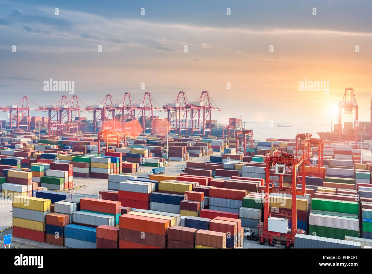container terminal in sunset Stock Photo