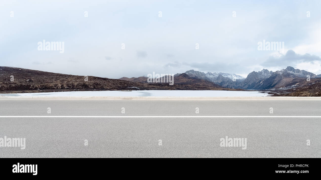 highway on snow area plateau Stock Photo