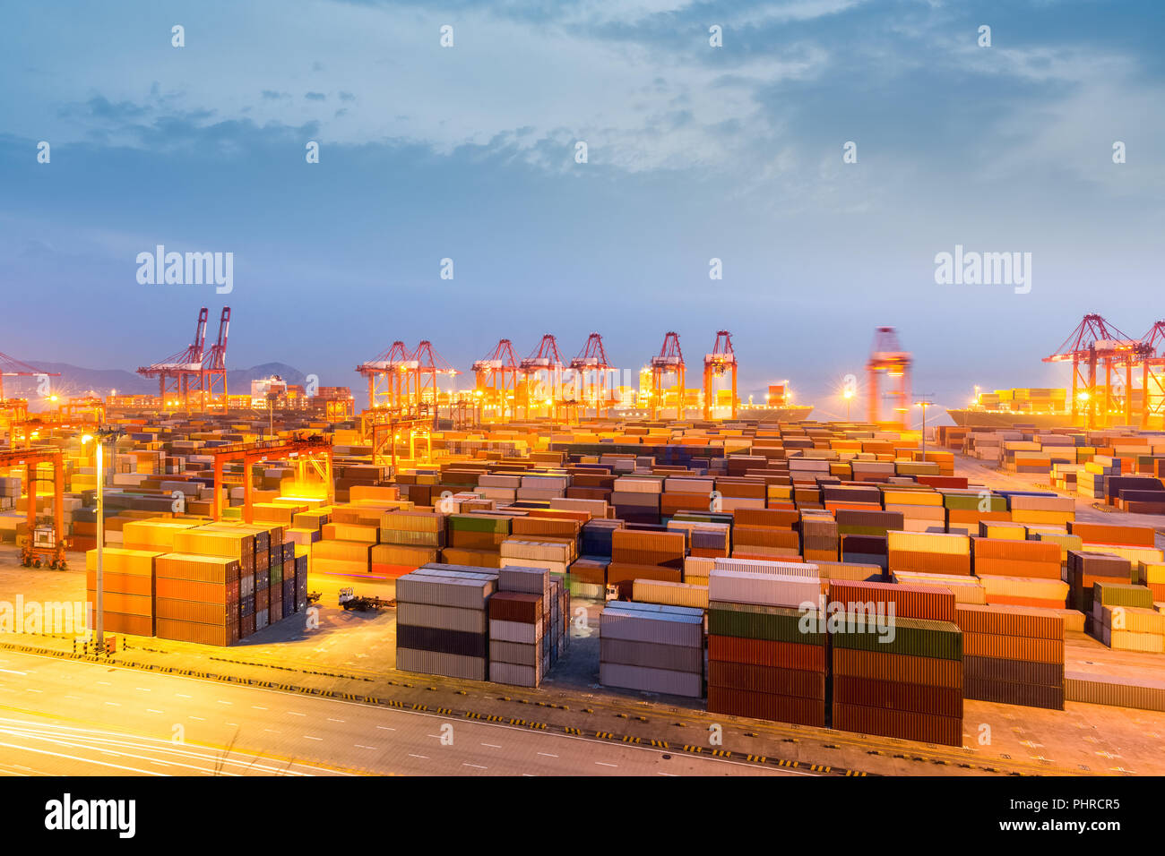 shanghai container terminal in nightfall Stock Photo
