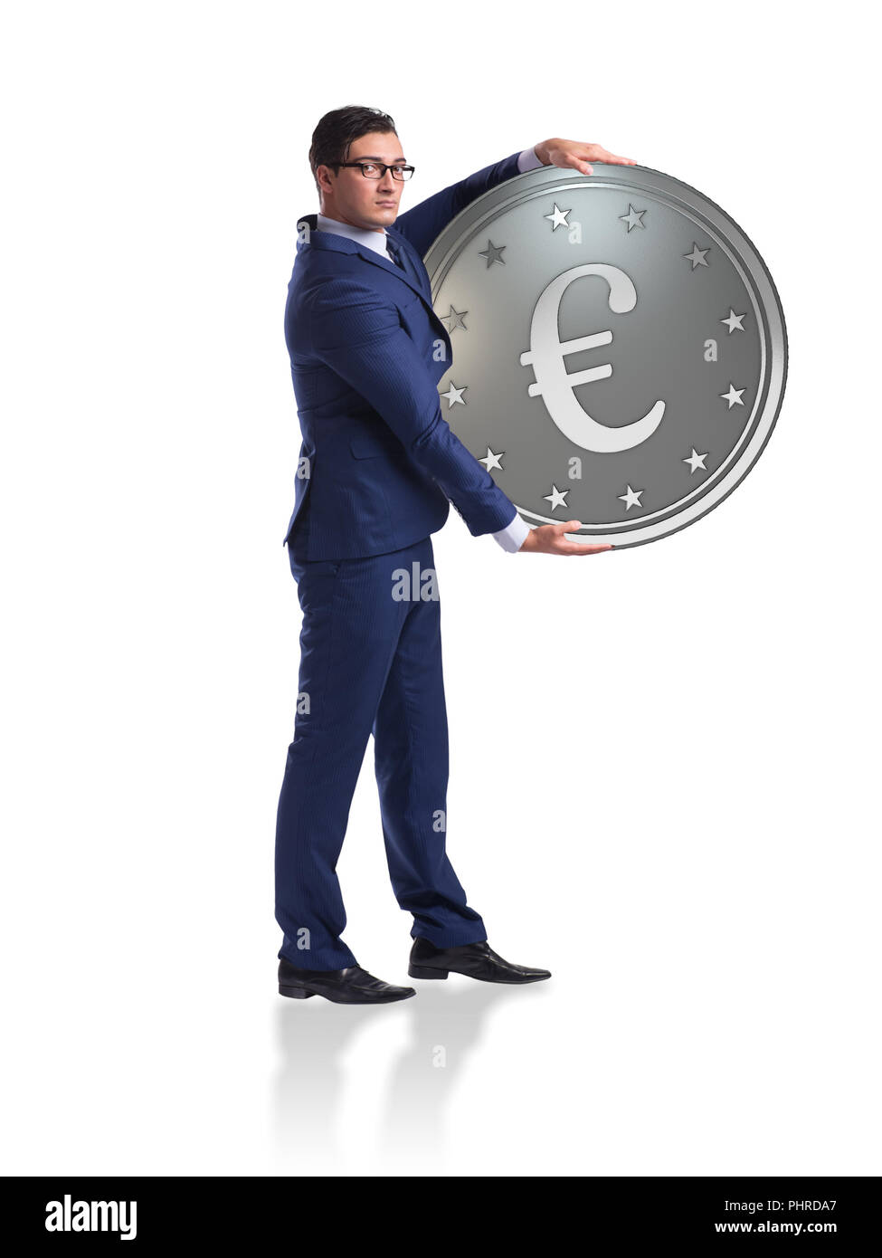 Businessman with euro coin isolated on white background Stock Photo - Alamy