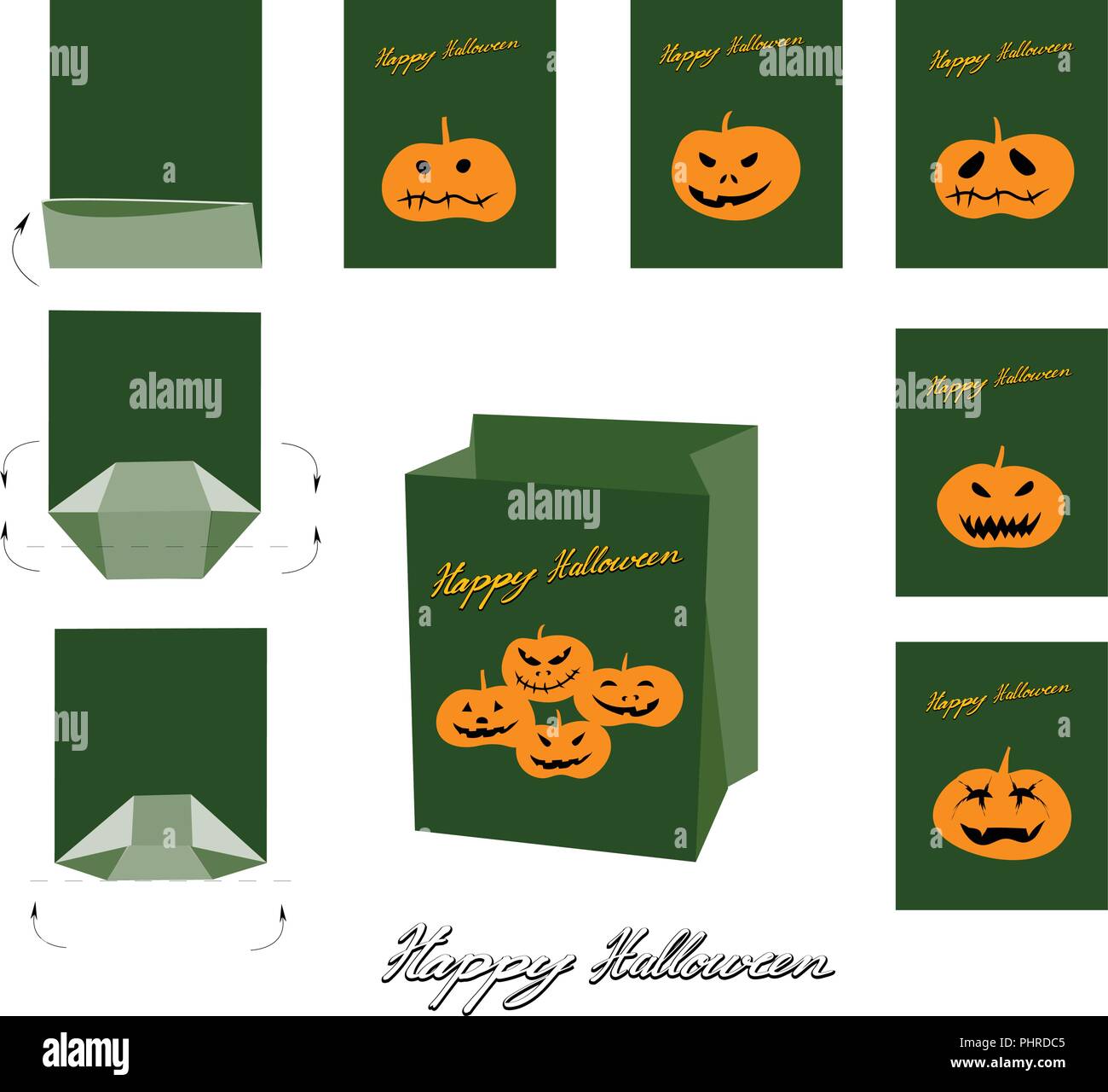 Illustration Set of Happy Jack-o-Lantern Pumpkins and Evils Paper Bag Mock Up, Package Design For Halloween Celebration Party. Stock Vector