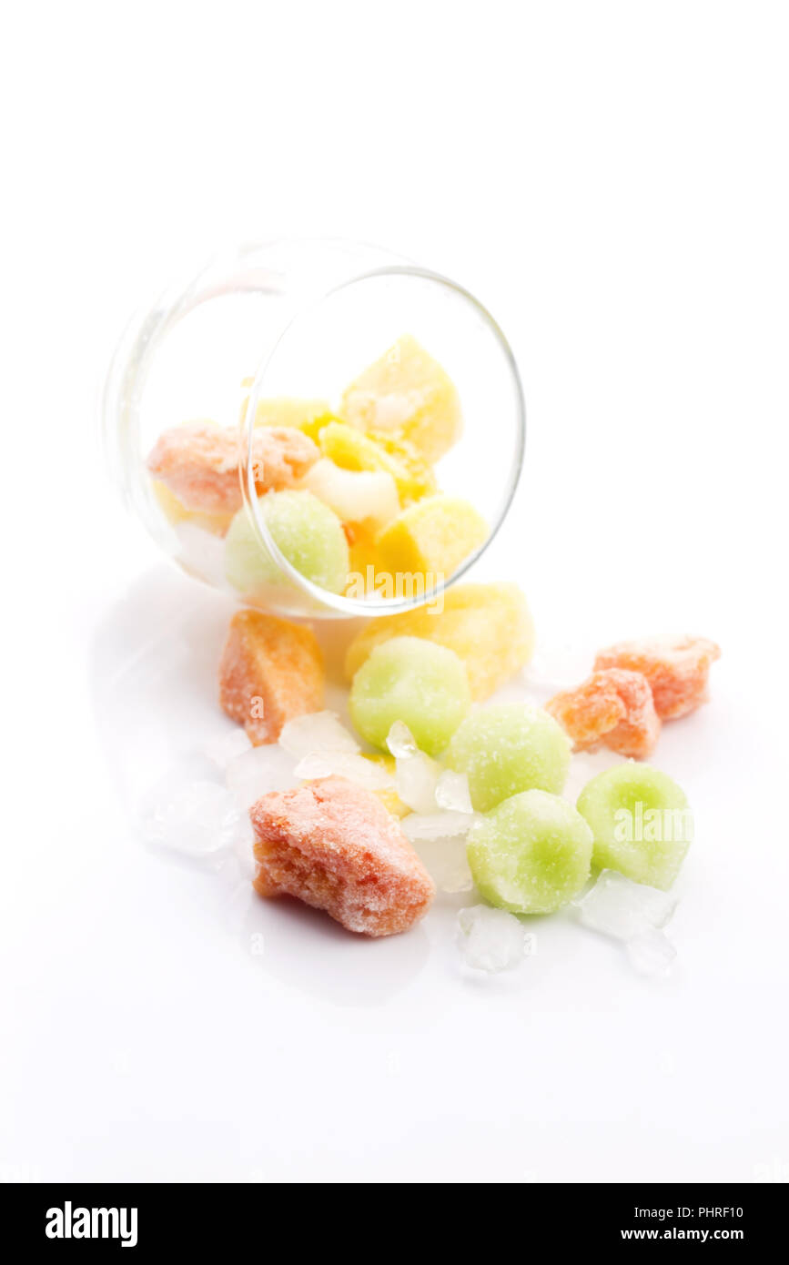 frozen exotic fruits on white background Stock Photo Alamy