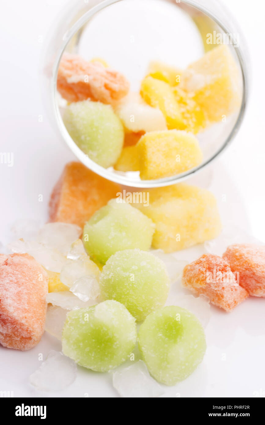 frozen exotic fruits on white background Stock Photo Alamy