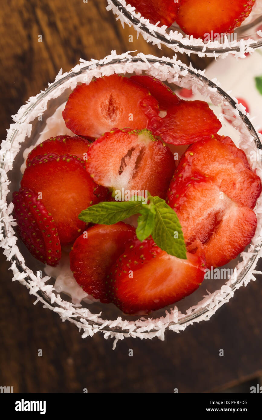 A serving of strawberry over tapioca and jelly Stock Photo Alamy