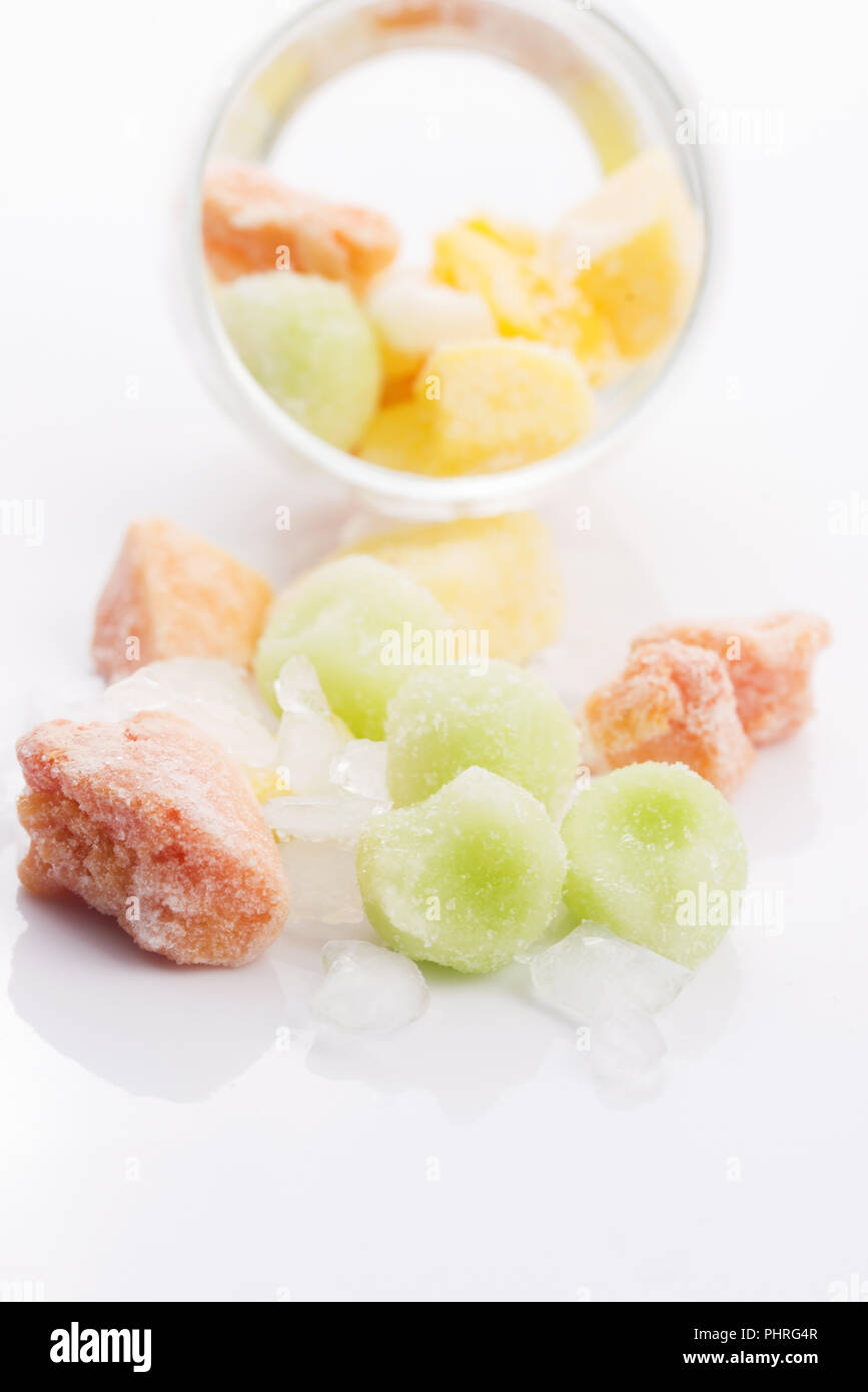 frozen exotic fruits on white background Stock Photo Alamy