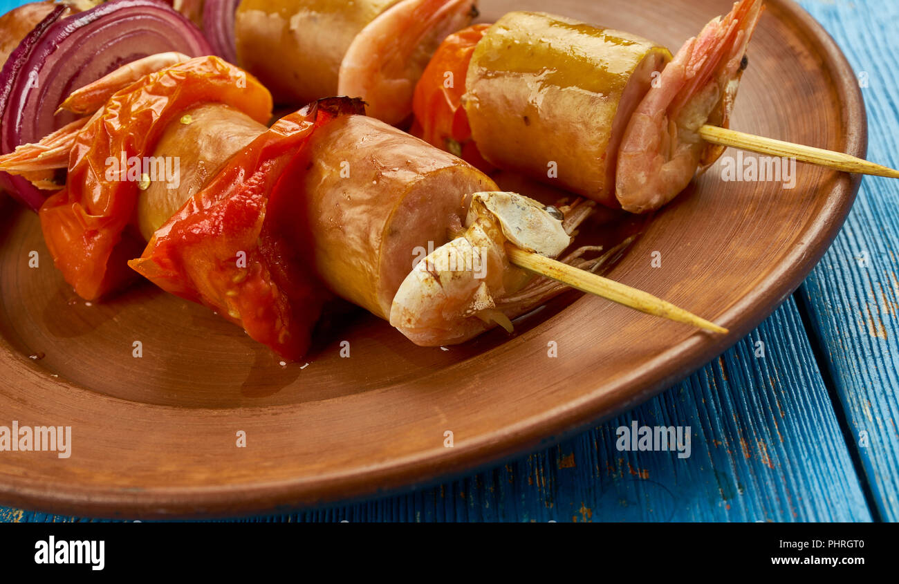 Grilled Shrimp and Andouille Sausage Kabobs Stock Photo Alamy