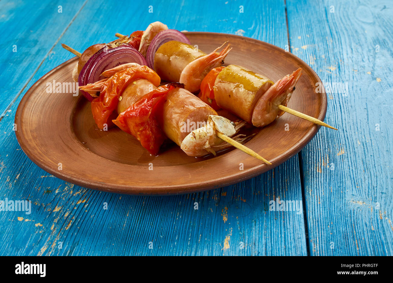 Grilled Shrimp and Andouille Sausage Kabobs Stock Photo Alamy