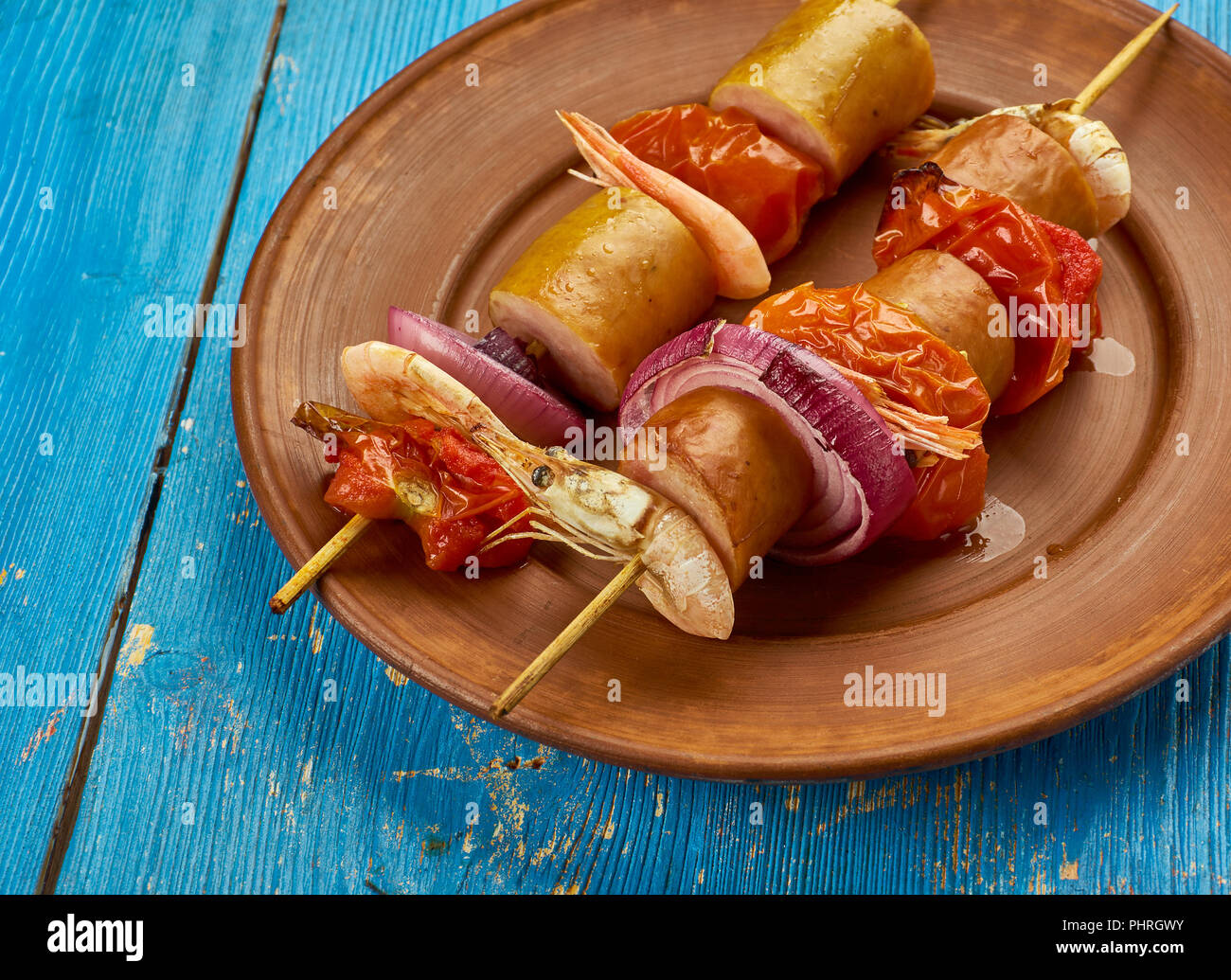 Grilled Shrimp and Andouille Sausage Kabobs Stock Photo Alamy