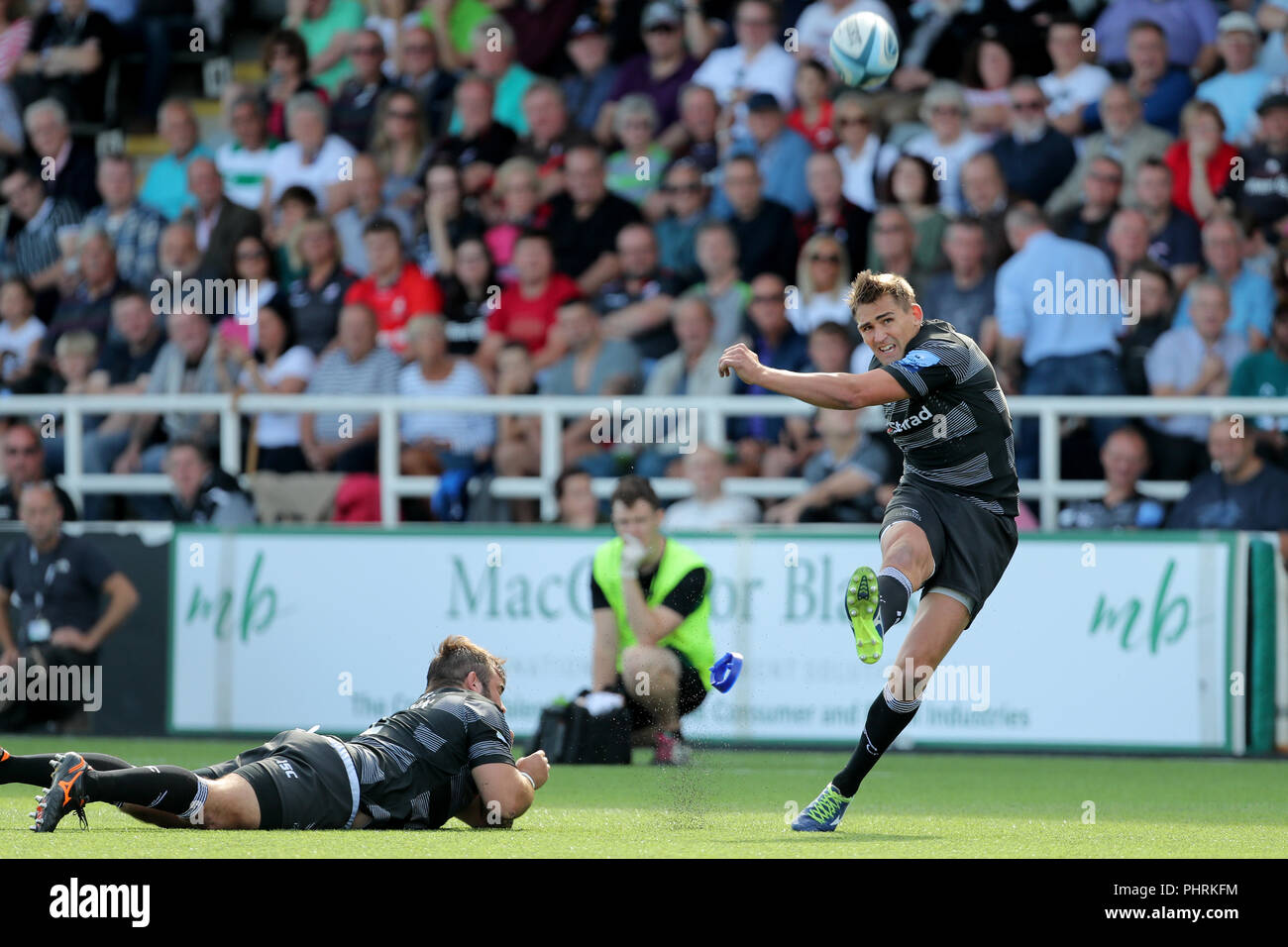 Newcastle Falcons Toby Flood kicks the opening penalty during the Gallagher Premiership match at Kingston Park, Newcastle. Stock Photo