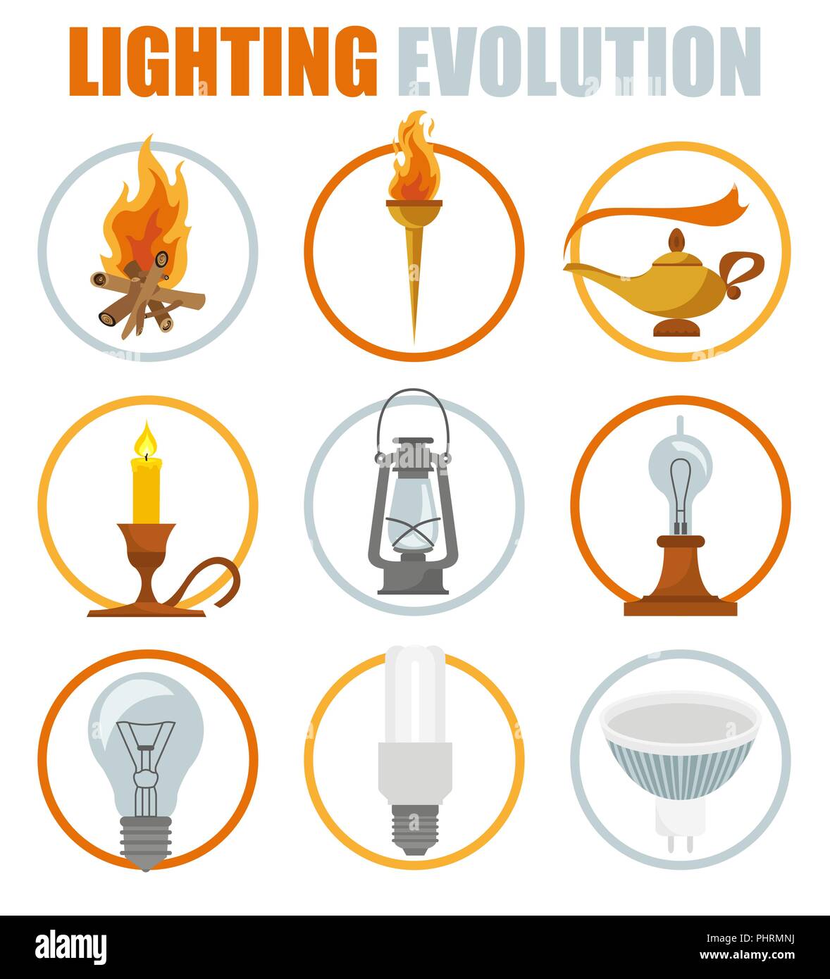 Lighting elements icon set. Evolution of light. Vector illustration Stock Vector