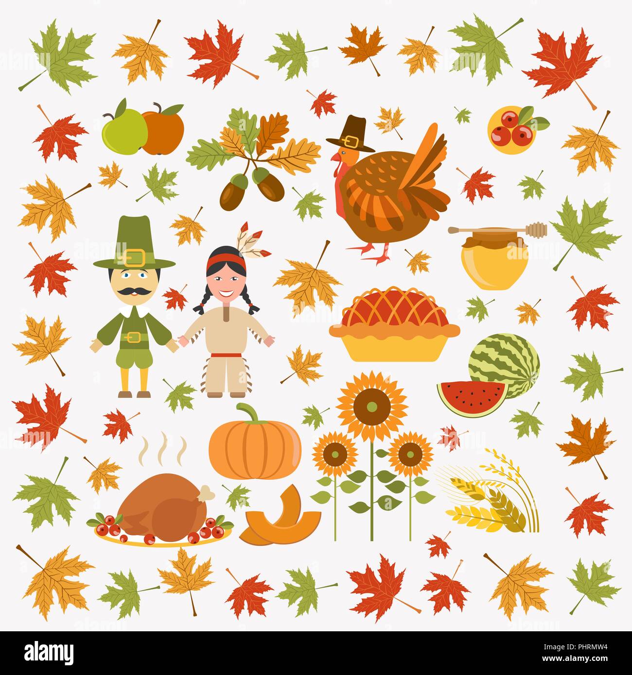 Thanksgiving day icon set. Flat style. Vector illustration Stock Vector