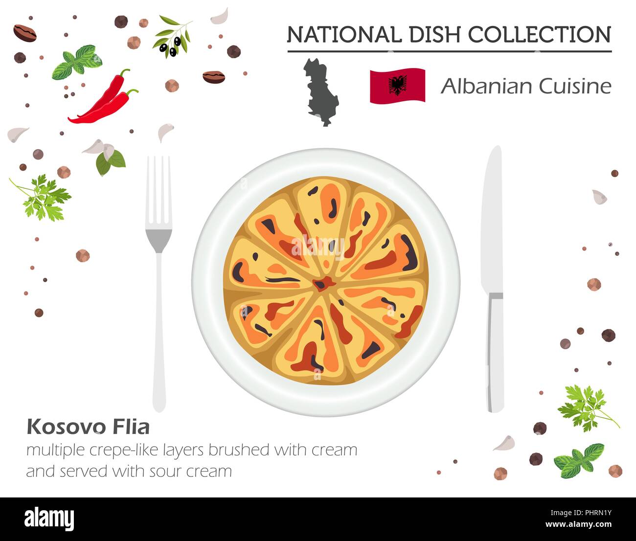 Albanian Cuisine. European national dish collection. Kosovo flia isolated on white infographic. Vector illustration Stock Vector