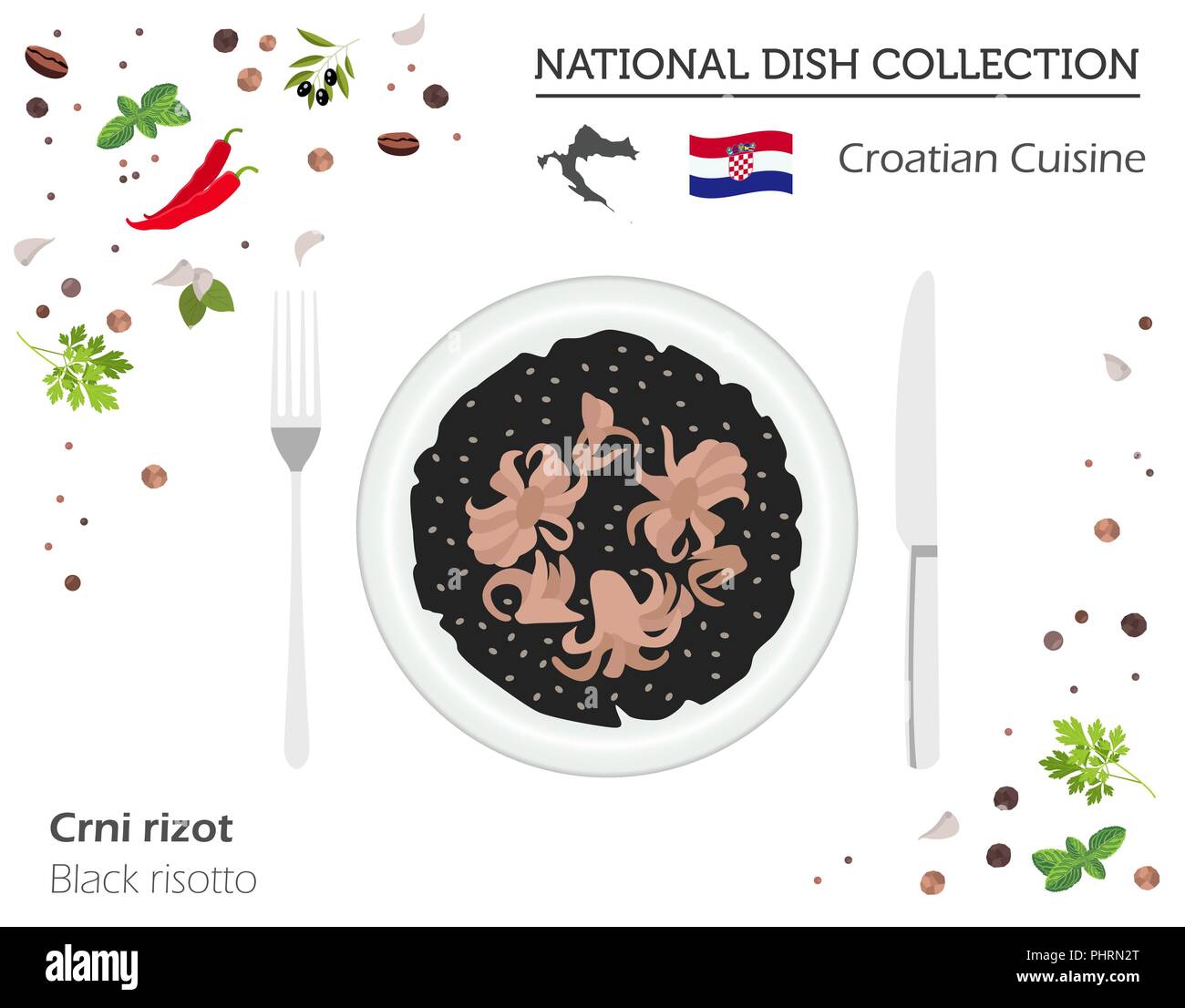 Croatian Cuisine. European national dish collection. Black risotto isolated on white, infographic. Vector illustration Stock Vector