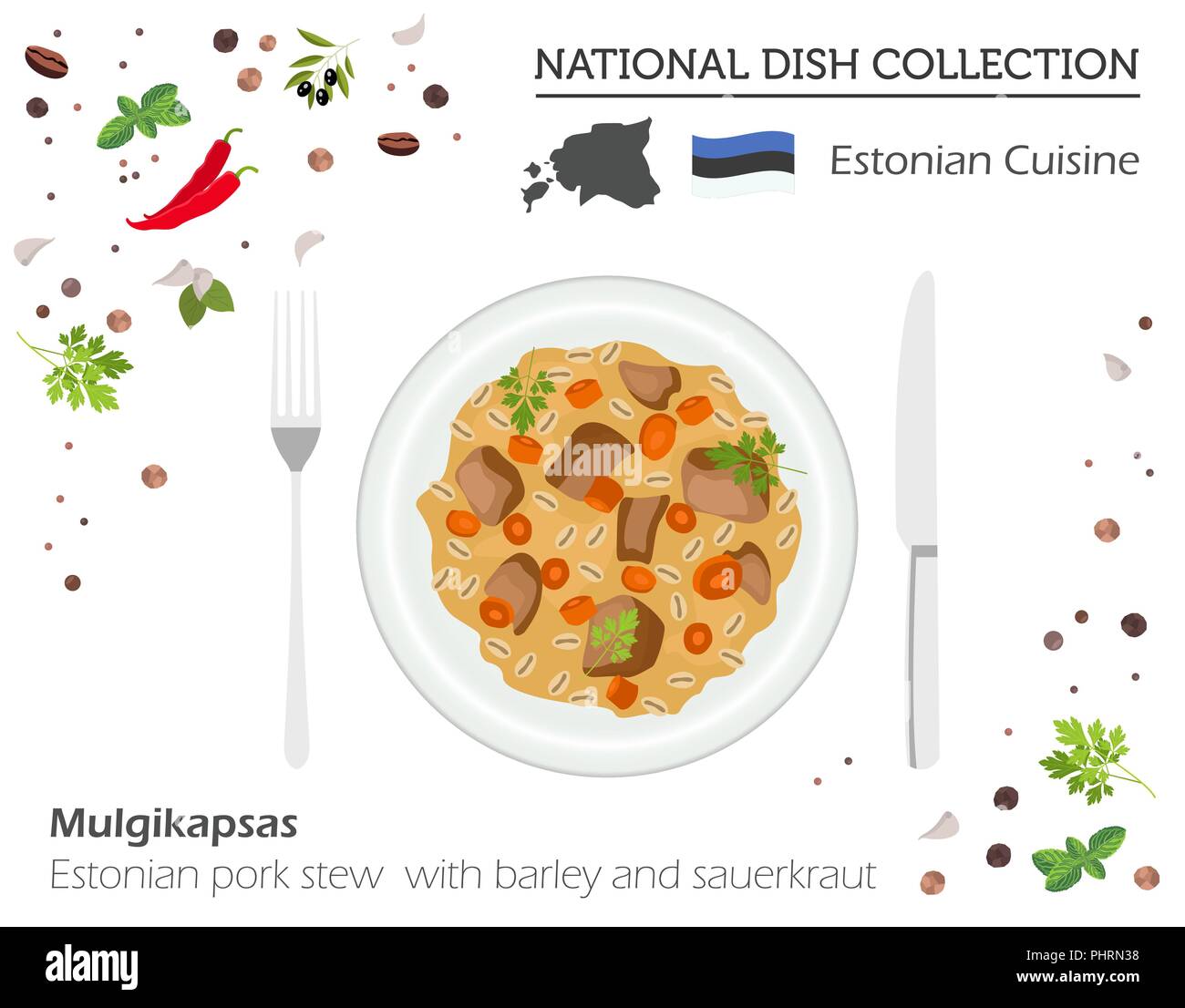 Estonia Cuisine. European national dish collection. Estonian pork stew isolated on white, infographic. Vector illustration Stock Vector