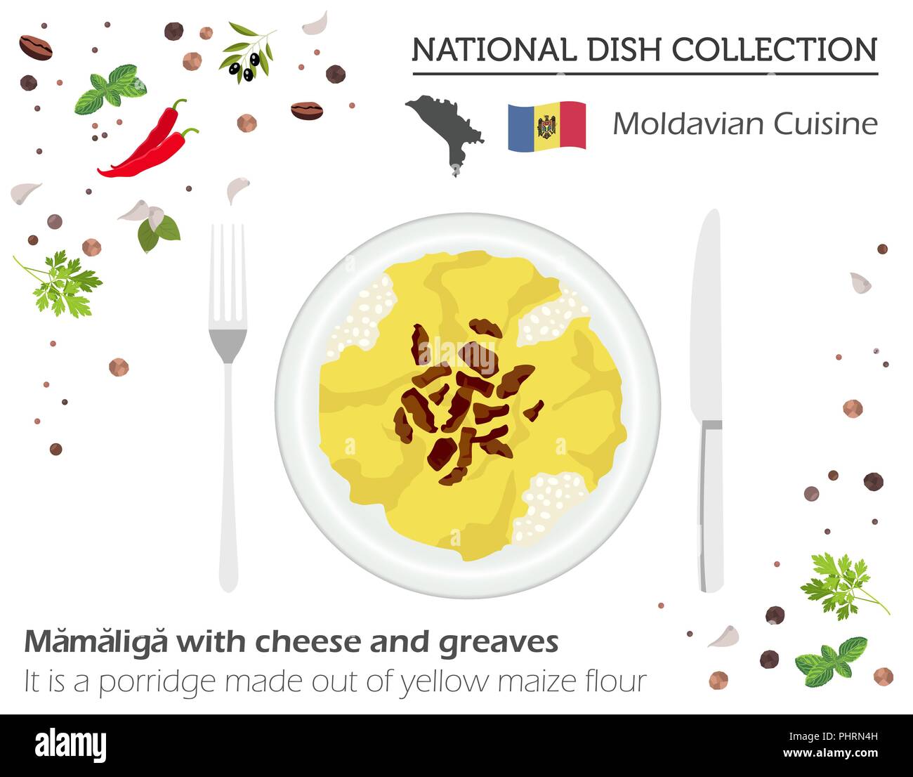 Moldova Cuisine. European national dish collection. Moldavian mamaliga with cheese and greaves isolated on white, infographic. Vector illustration Stock Vector