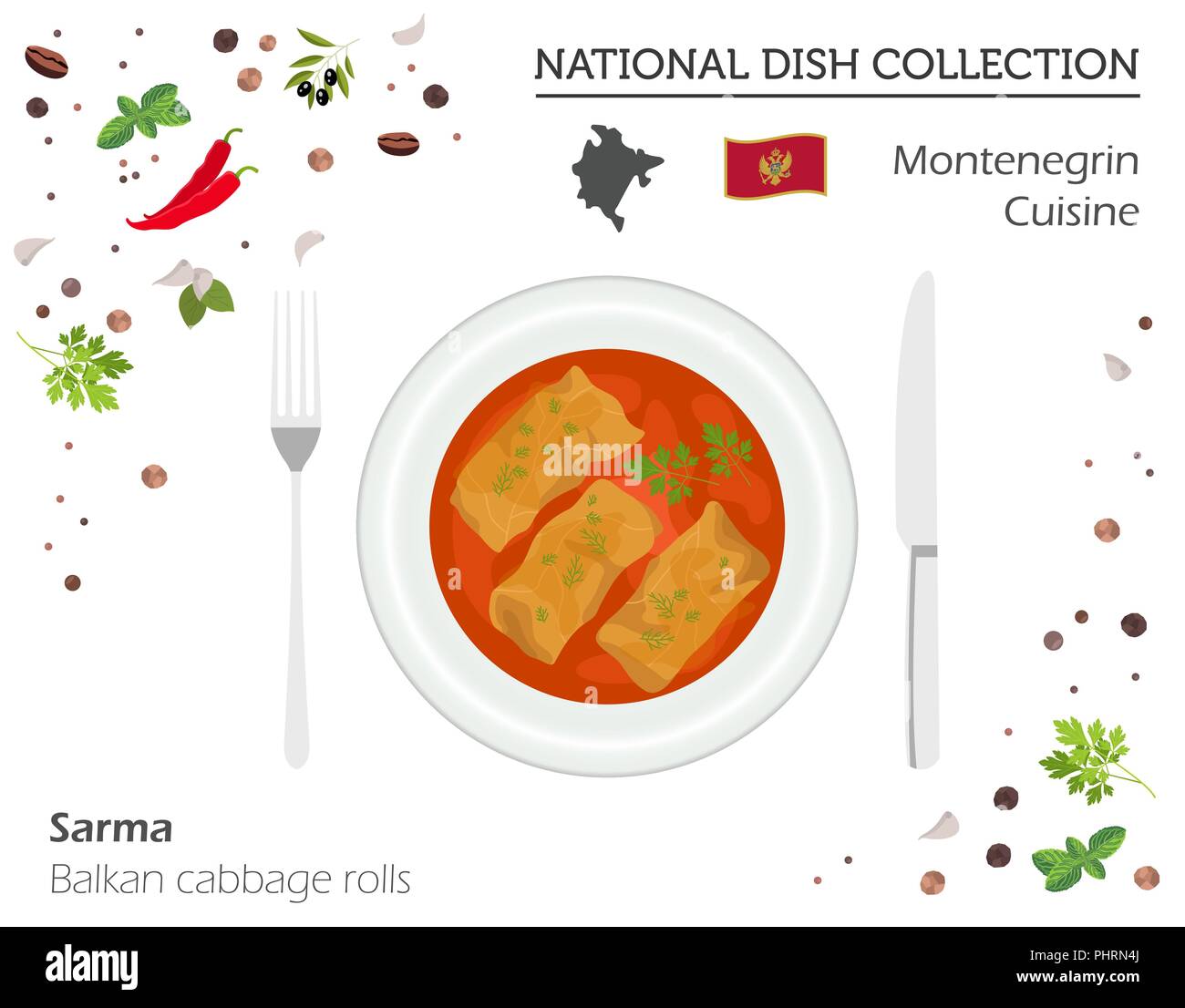 Montenegrin Cuisine. European national dish collection. Balkan cabbage rolls isolated on white, infographic. Vector illustration Stock Vector