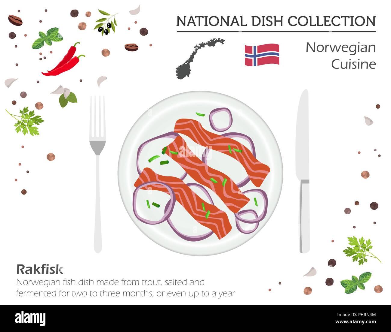 Norwegian Cuisine. European national dish collection.  Rakfisk isolated on white, infographic. Vector illustration Stock Vector