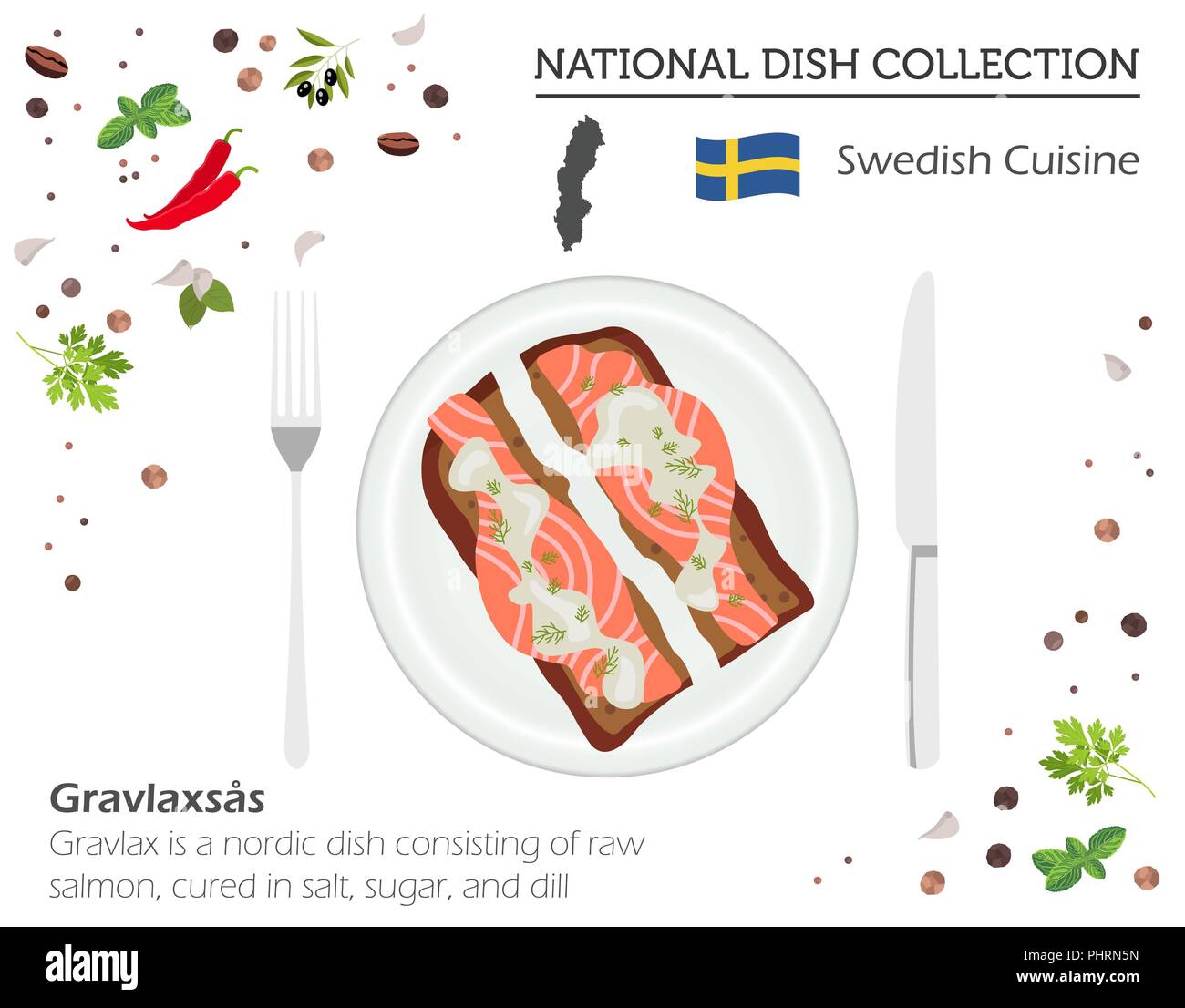 Sweden Cuisine. European national dish collection. Raw salmon sandwich isolated on white, infographic. Vector illustration Stock Vector