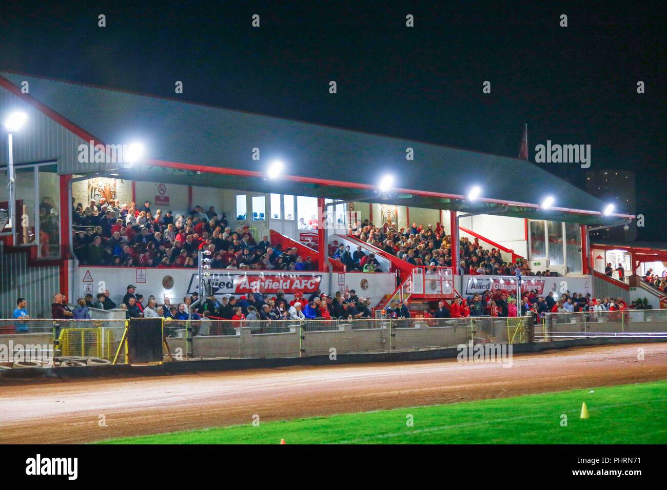 The Asfield Main Stand by Night at the SGB National Championship meeting between Glasgow Tigers & Newcastle Diamonds at the Peugeot Ashfield Stadium,  Stock Photo
